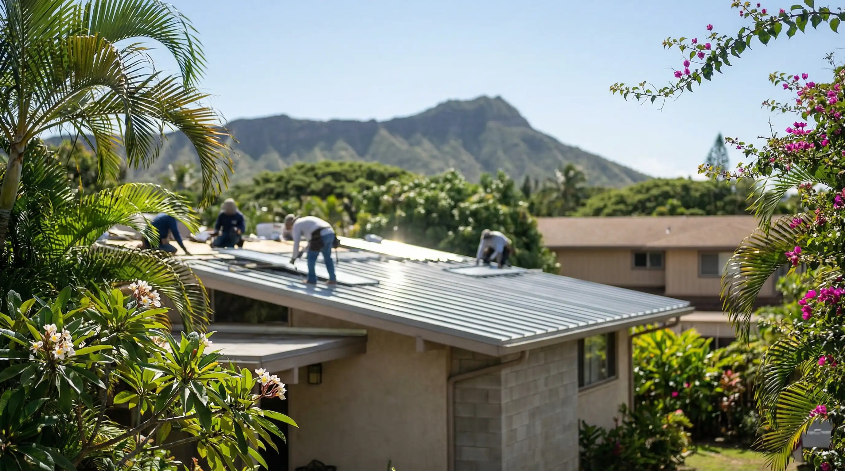 Roofing contractor inspecting a residential tile roof in Honolulu, HI, with the Pacific Ocean visible in the background