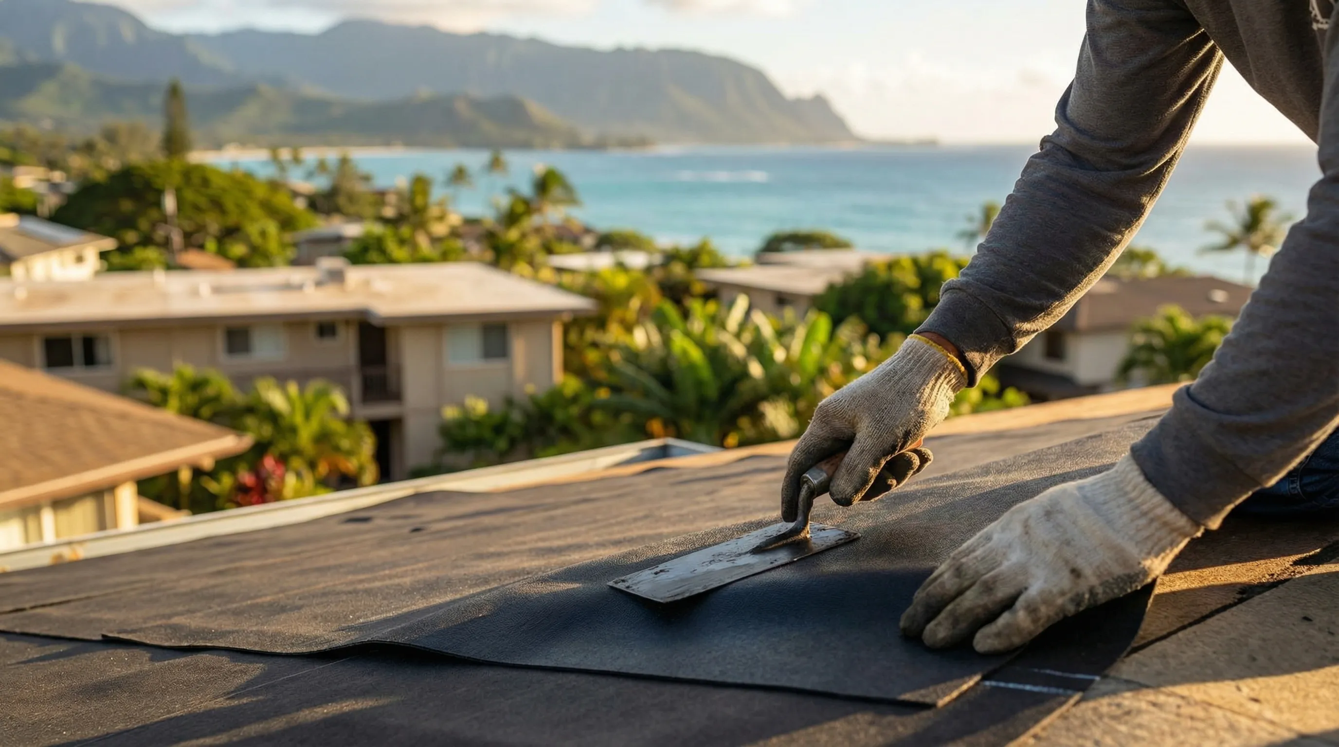 Roofing contractor inspecting a residential tile roof in Honolulu, HI, with the Pacific Ocean visible in the background