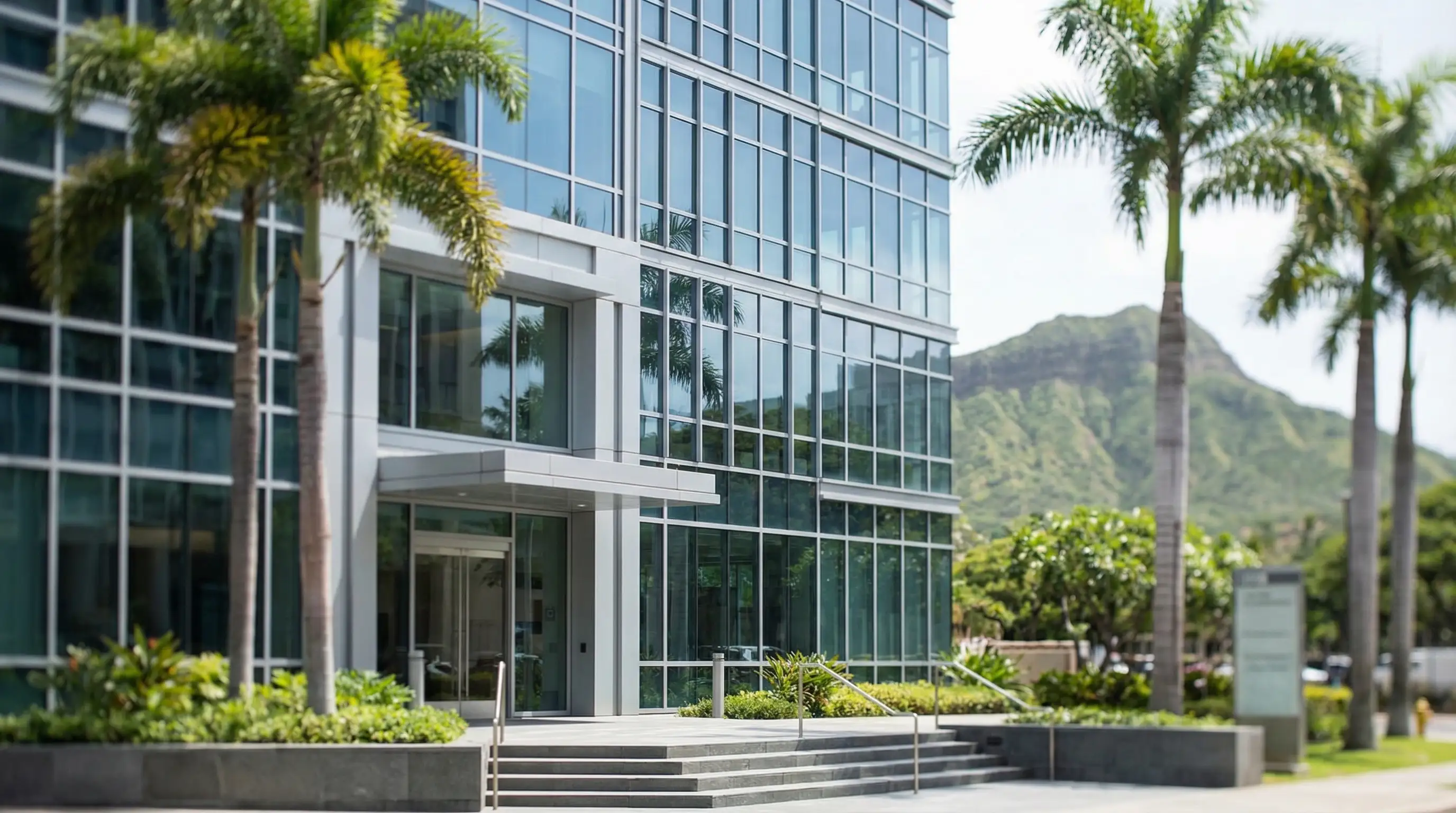 Professional Honolulu attorney in business attire reviewing legal documents in a modern office with tropical palm trees visible through the window
