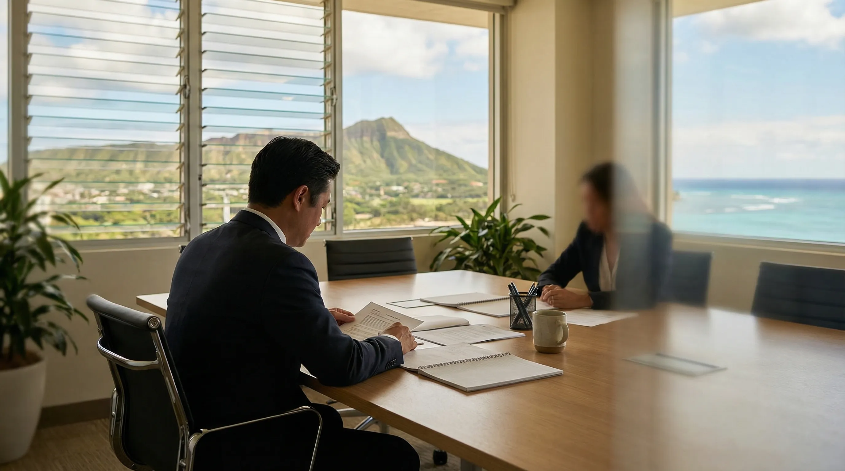 Professional Honolulu attorney in business attire reviewing legal documents in a modern office with tropical palm trees visible through the window