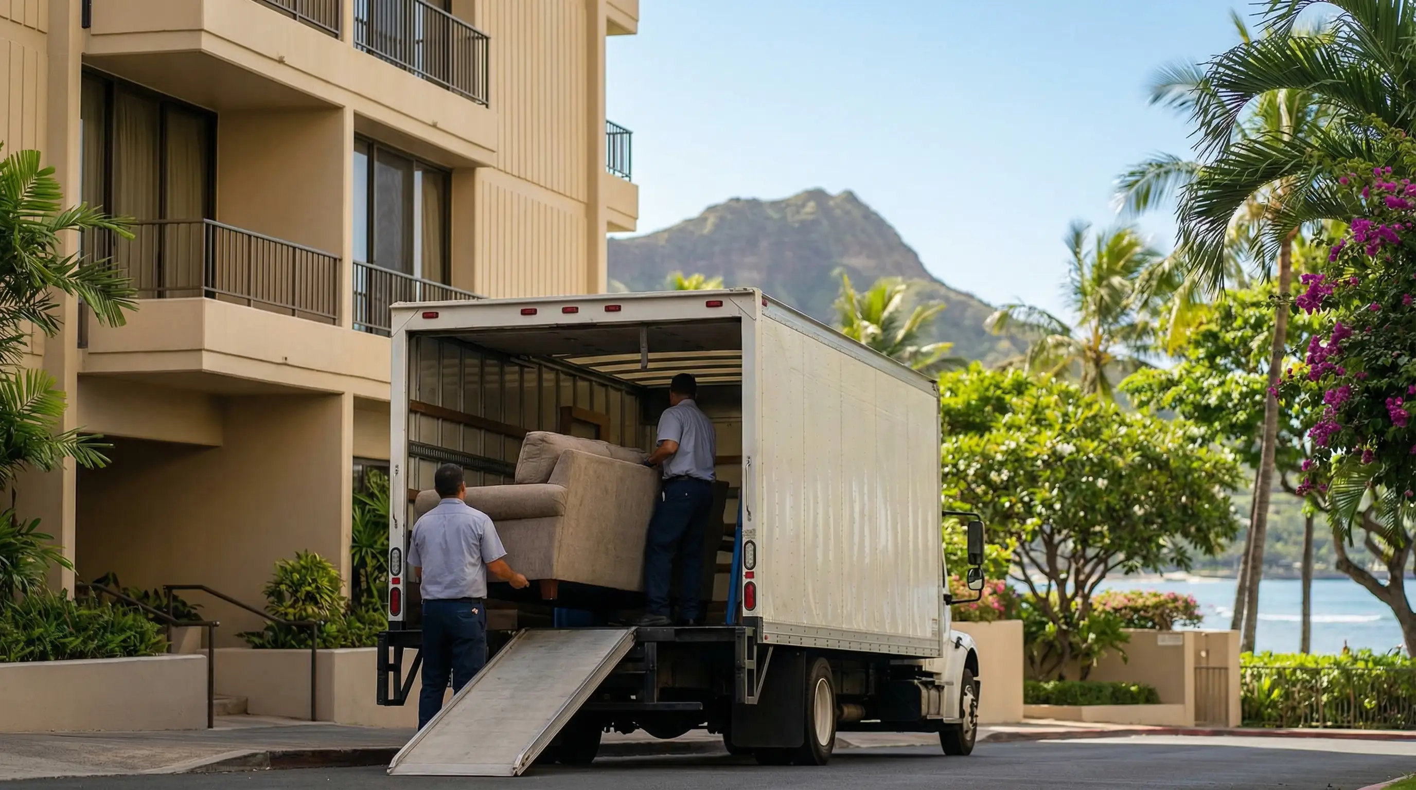 Professional moving crew loading furniture outside Honolulu condo building with Diamond Head visible in background
