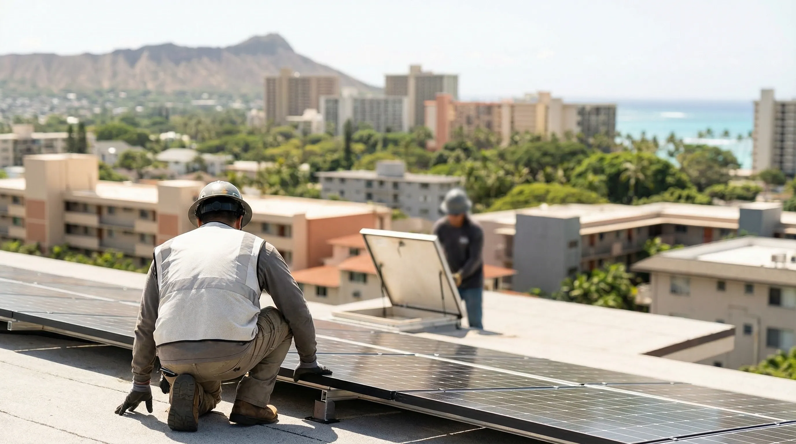 Local solar technician installing panels on Honolulu rooftop with Pacific Ocean and Diamond Head visible in background