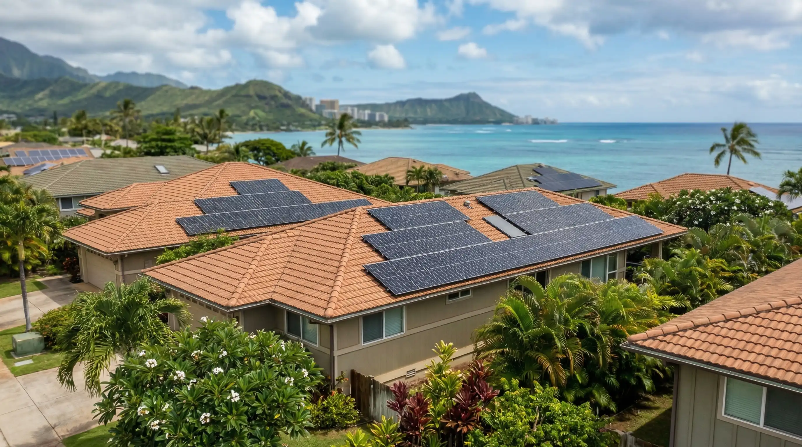 Local solar technician installing panels on Honolulu rooftop with Pacific Ocean and Diamond Head visible in background
