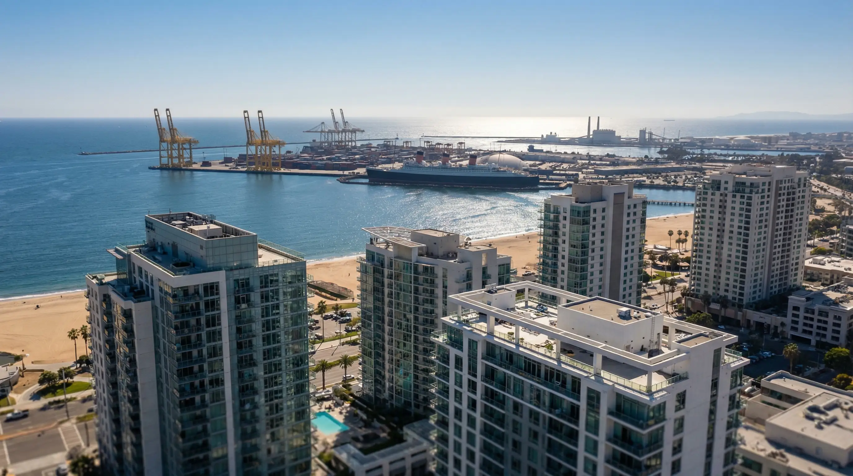 Professional HVAC technician inspecting rooftop AC unit with Port of Long Beach cranes visible on horizon, Long Beach, CA