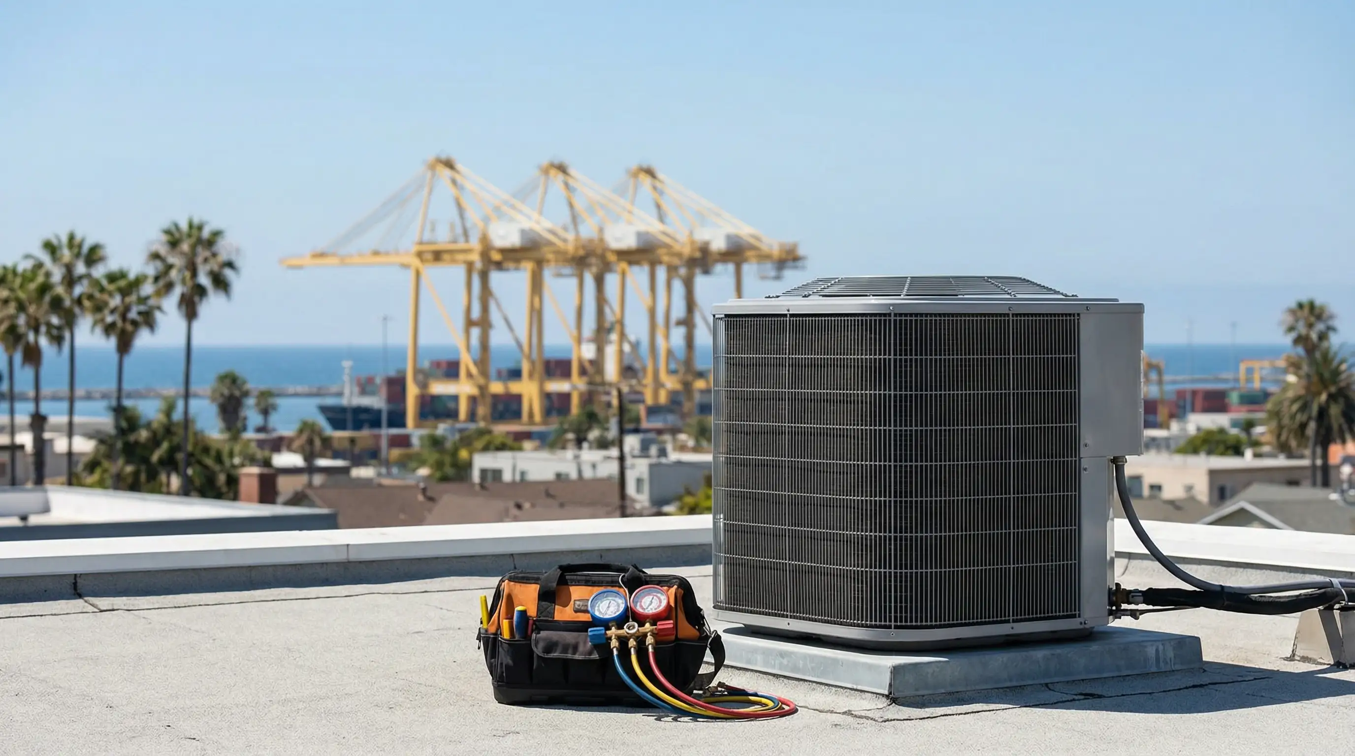 Professional HVAC technician inspecting rooftop AC unit with Port of Long Beach cranes visible on horizon, Long Beach, CA