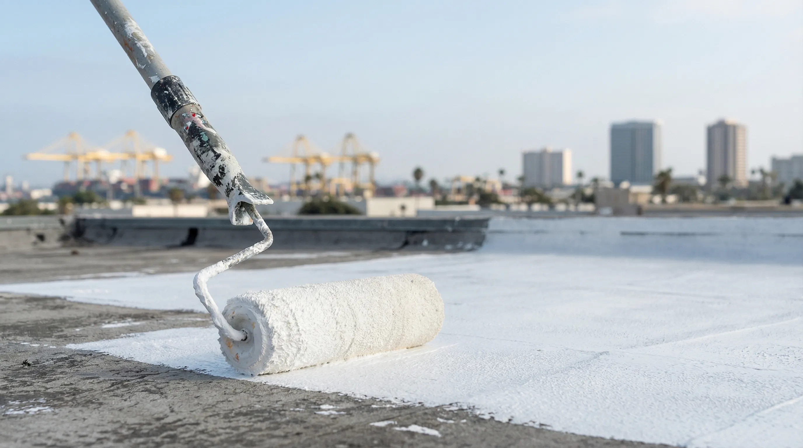 Professional roofer installing clay tile on Spanish-style Long Beach home with palm trees and coastal sky, Long Beach, CA