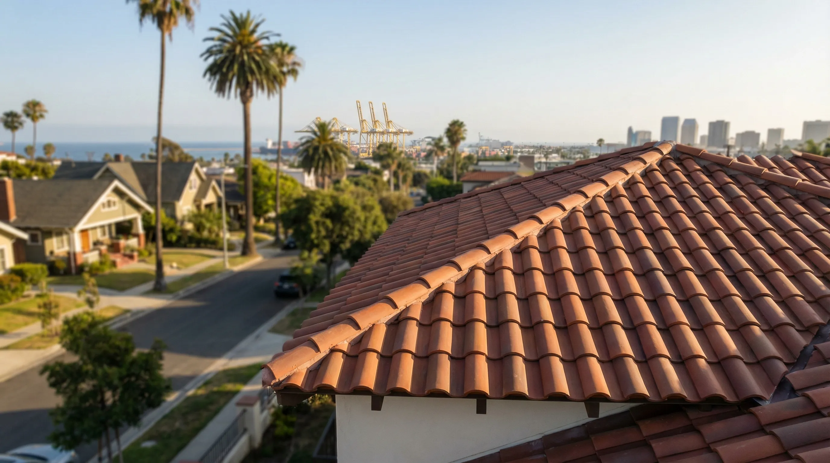 Professional roofer installing clay tile on Spanish-style Long Beach home with palm trees and coastal sky, Long Beach, CA