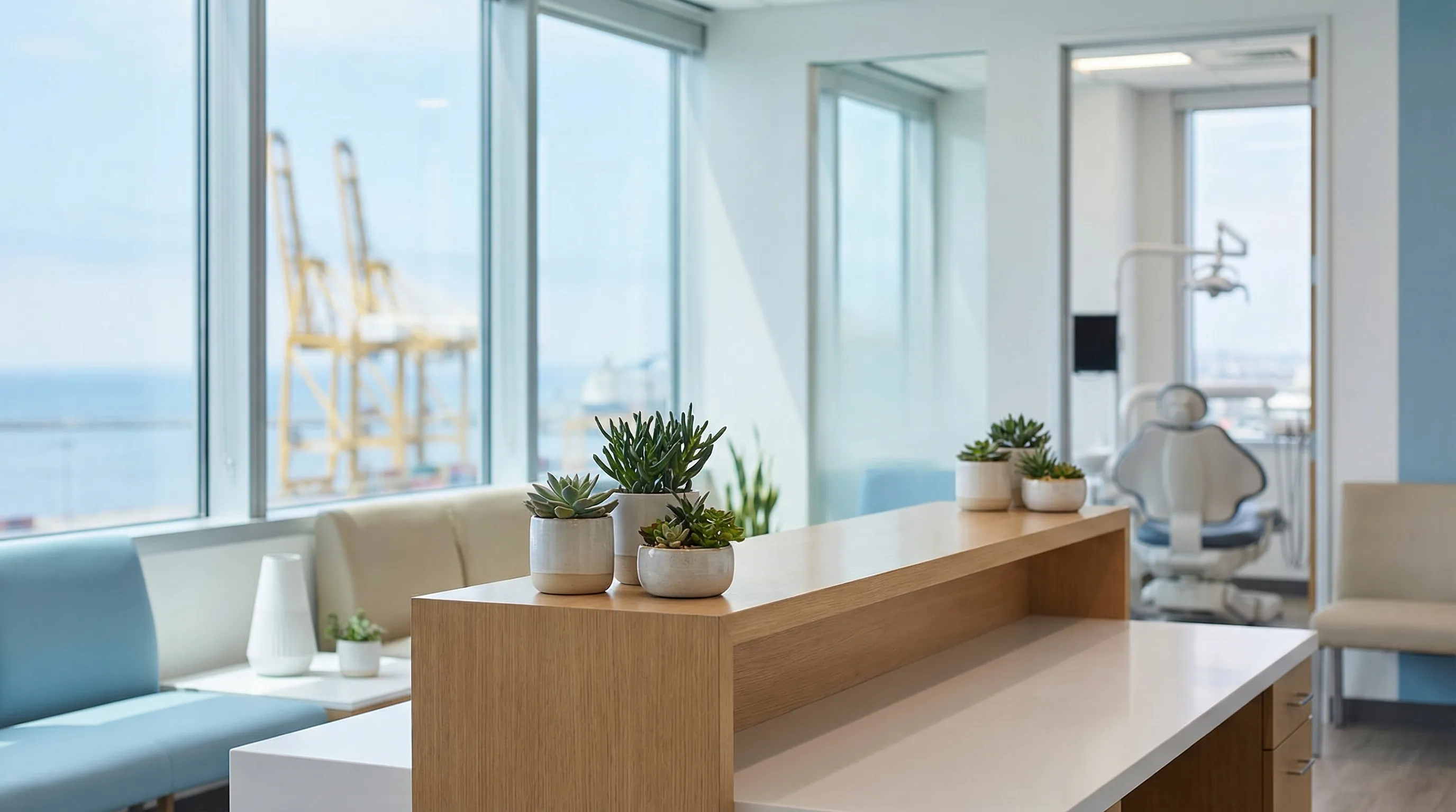 Modern dental reception area in a Long Beach dental practice with coastal decor and natural light, Long Beach, CA