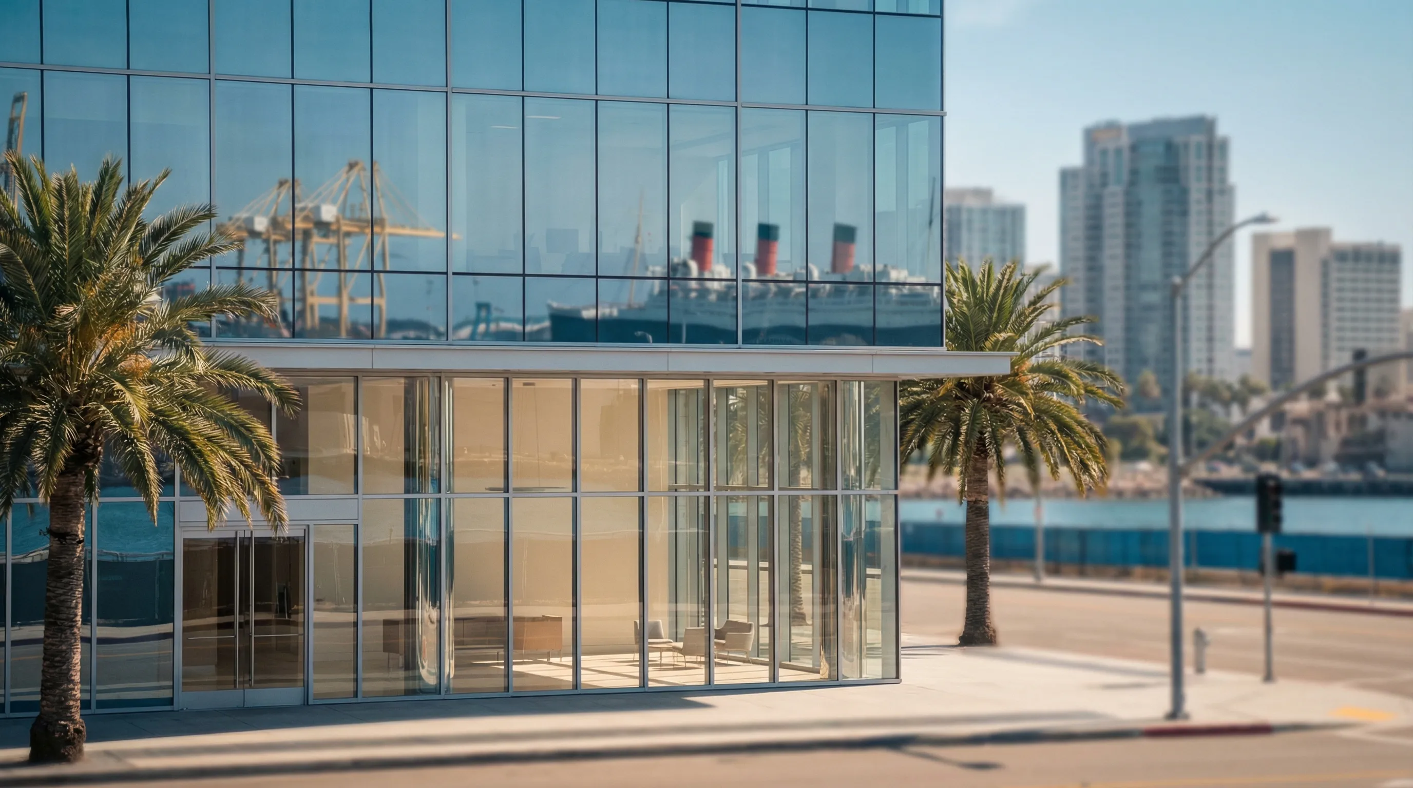 Professional law office consultation room in Long Beach, CA with harbor view and modern interior