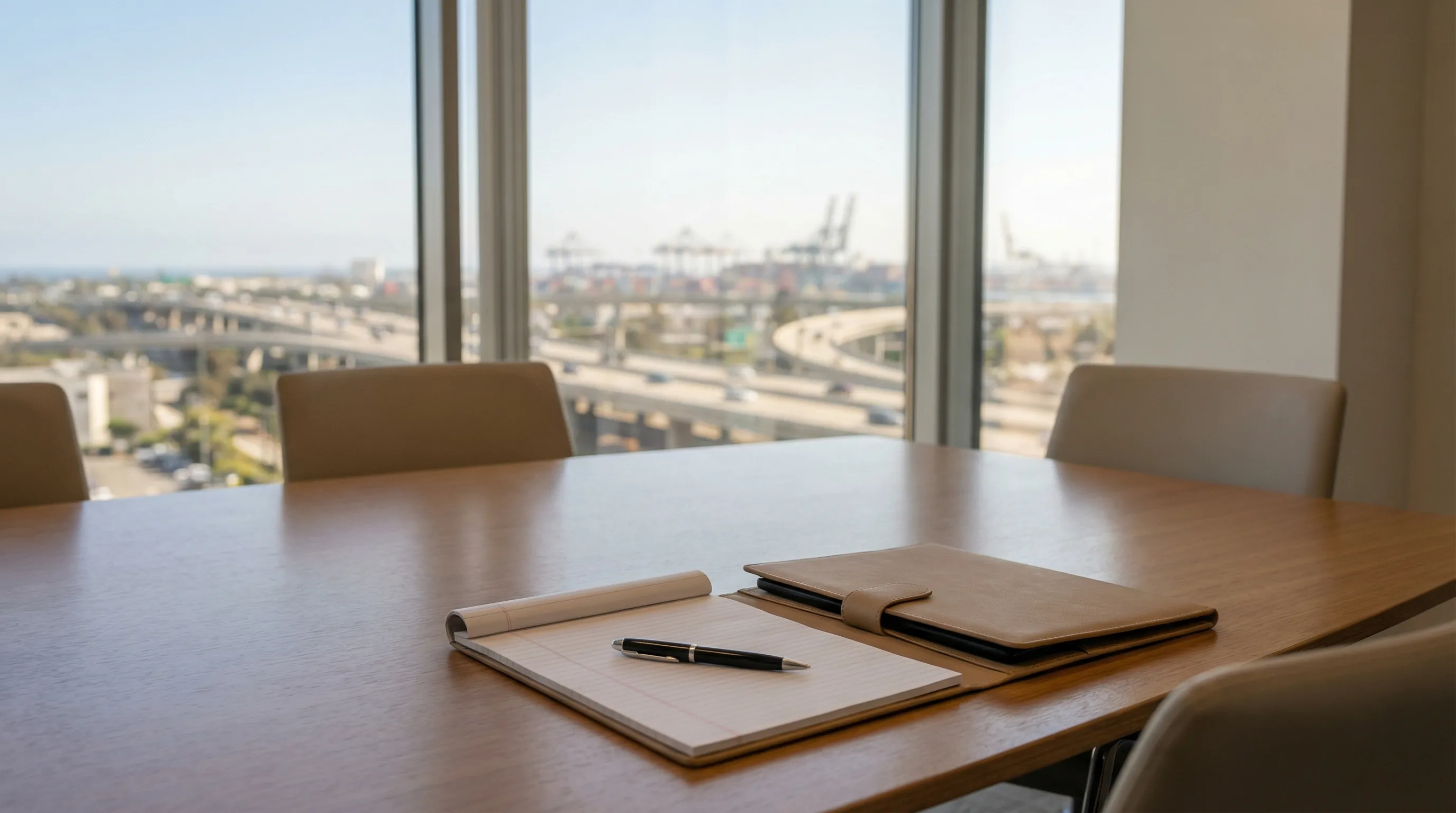 Professional law office consultation room in Long Beach, CA with harbor view and modern interior