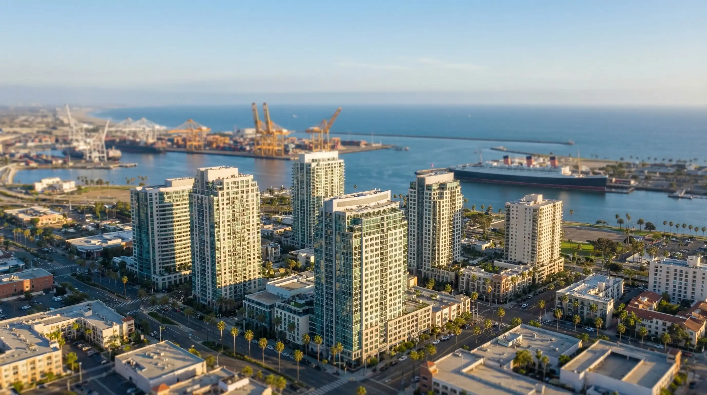 Real estate agent meeting with clients in a modern Long Beach office with waterfront view