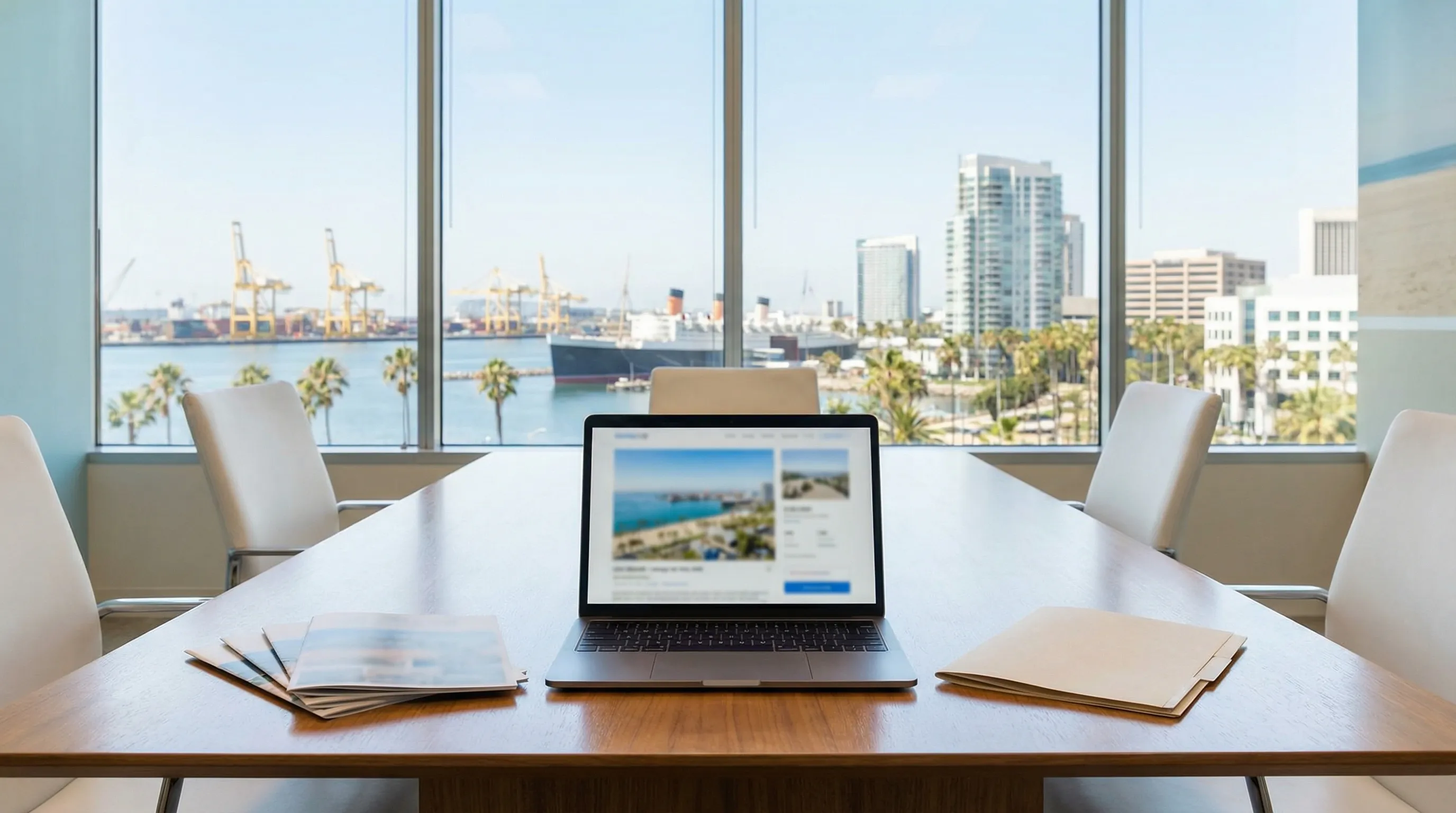 Real estate agent meeting with clients in a modern Long Beach office with waterfront view
