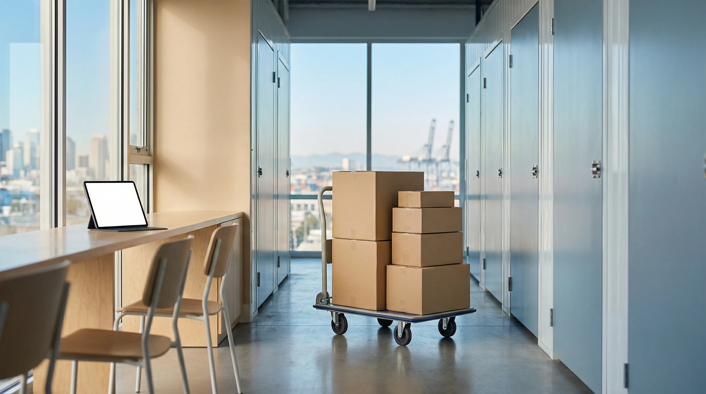 Professional moving crew loading a truck on a palm-lined Long Beach street with clear SoCal sky