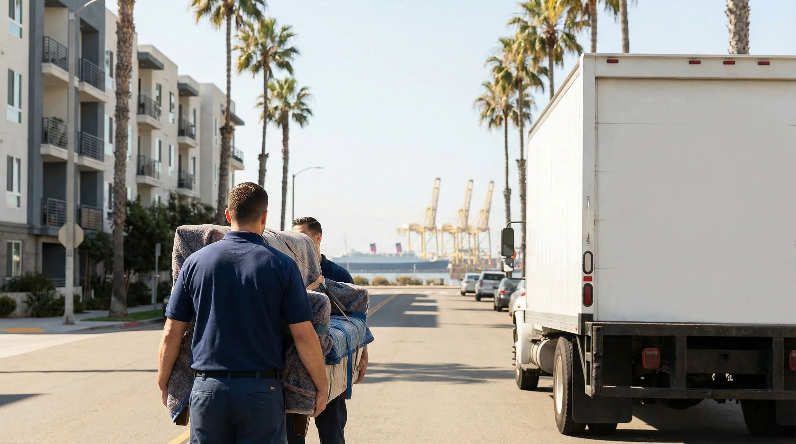 Professional moving crew loading a truck on a palm-lined Long Beach street with clear SoCal sky