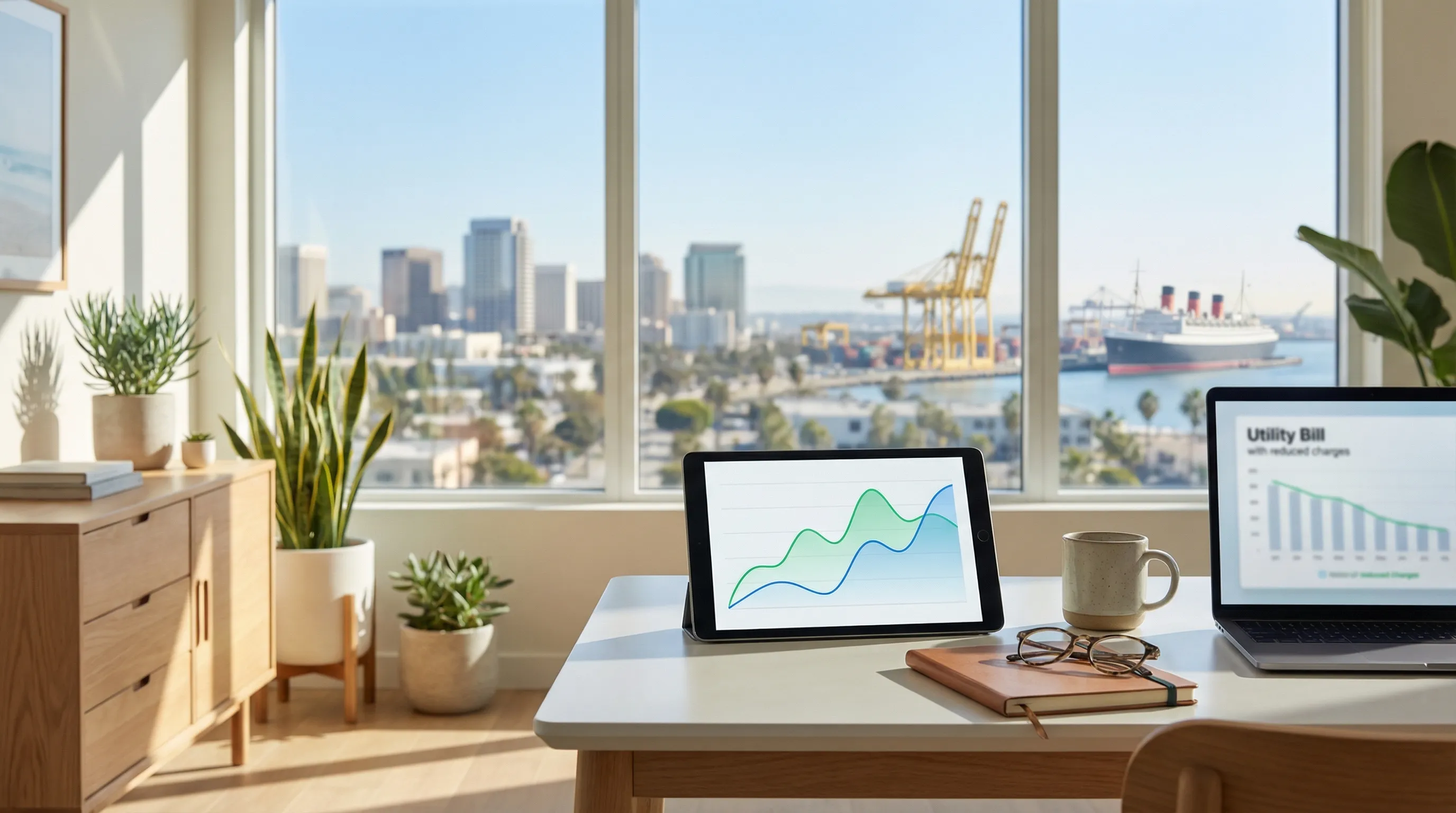 Residential solar panel installation on Long Beach home rooftop with Pacific coast sky and palm trees