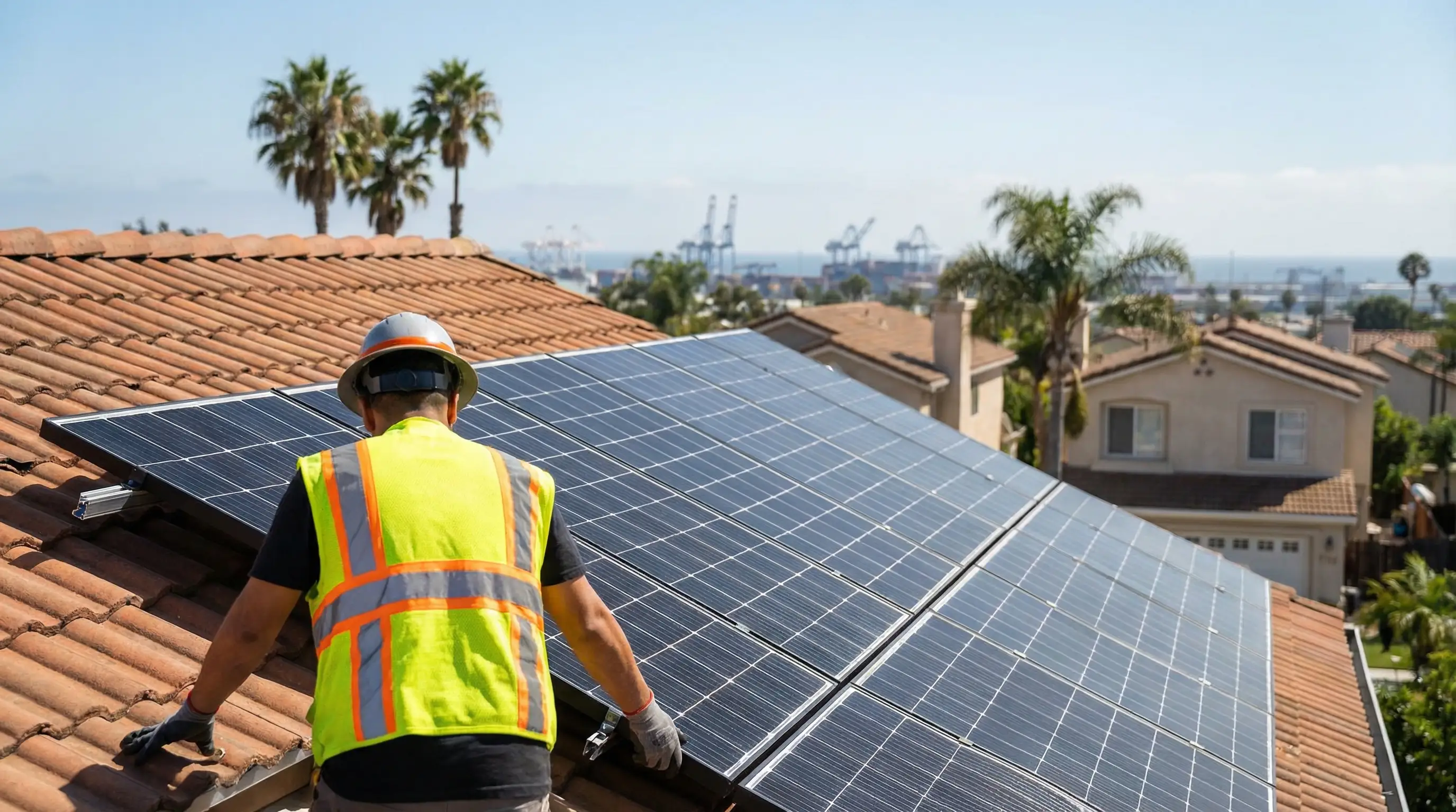 Residential solar panel installation on Long Beach home rooftop with Pacific coast sky and palm trees