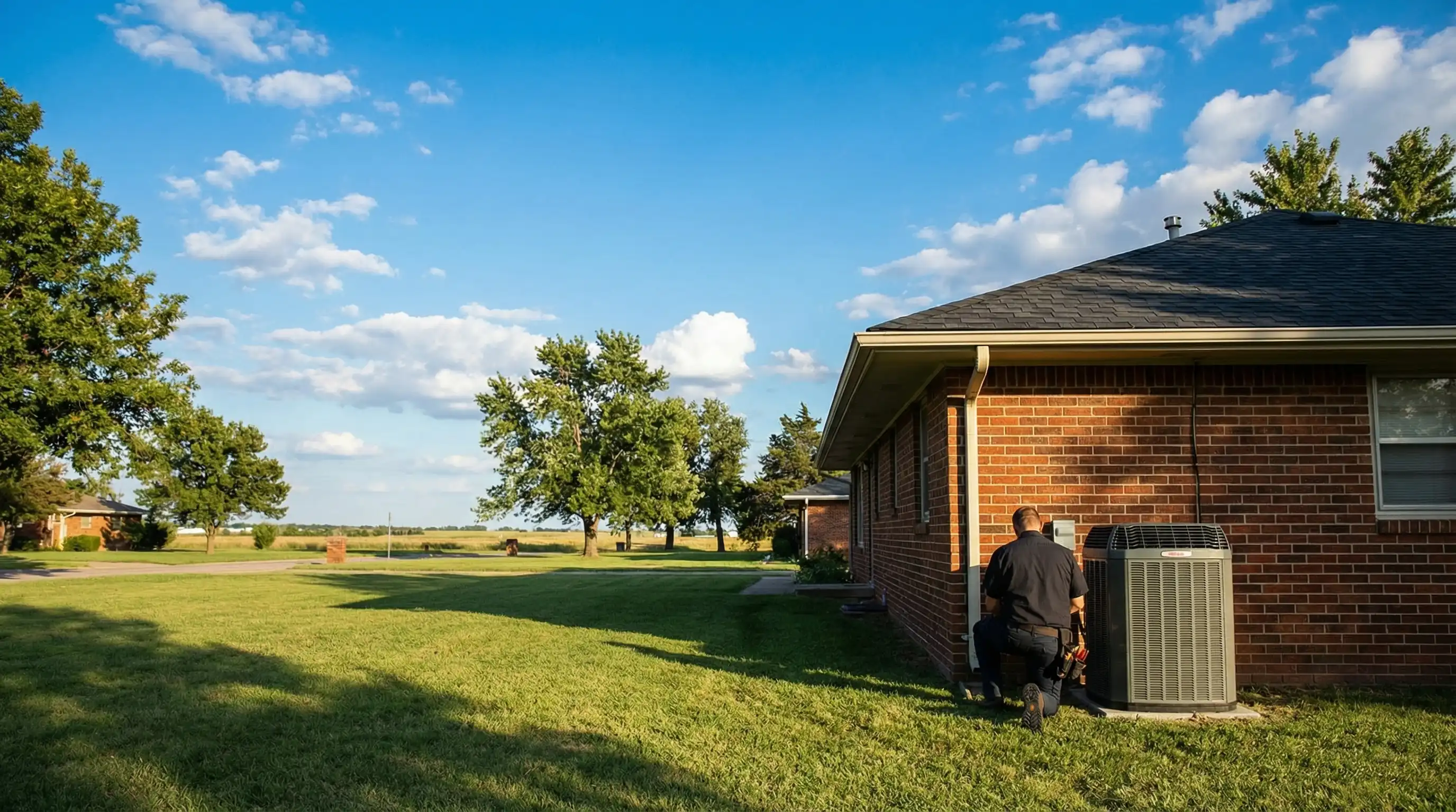 Professional HVAC technician servicing outdoor condenser unit at a brick ranch home in Wichita, KS