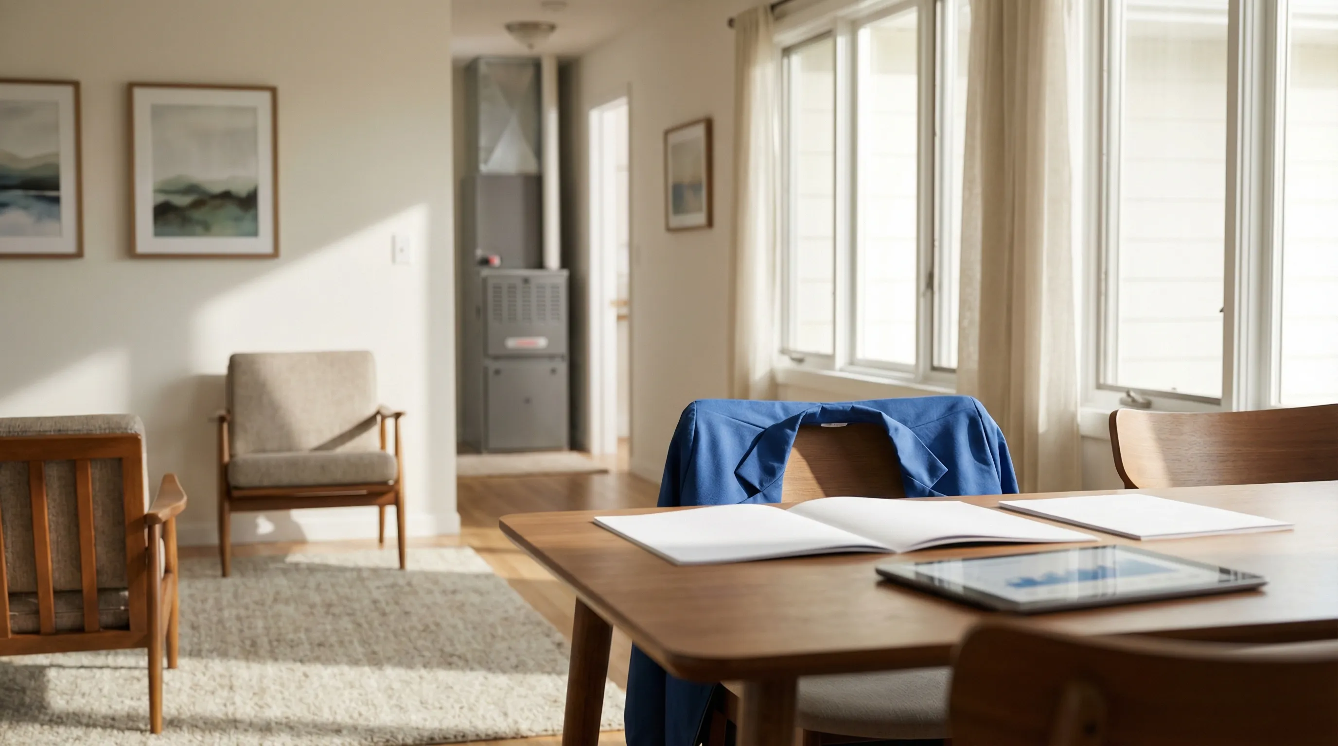Professional HVAC technician servicing outdoor condenser unit at a brick ranch home in Wichita, KS