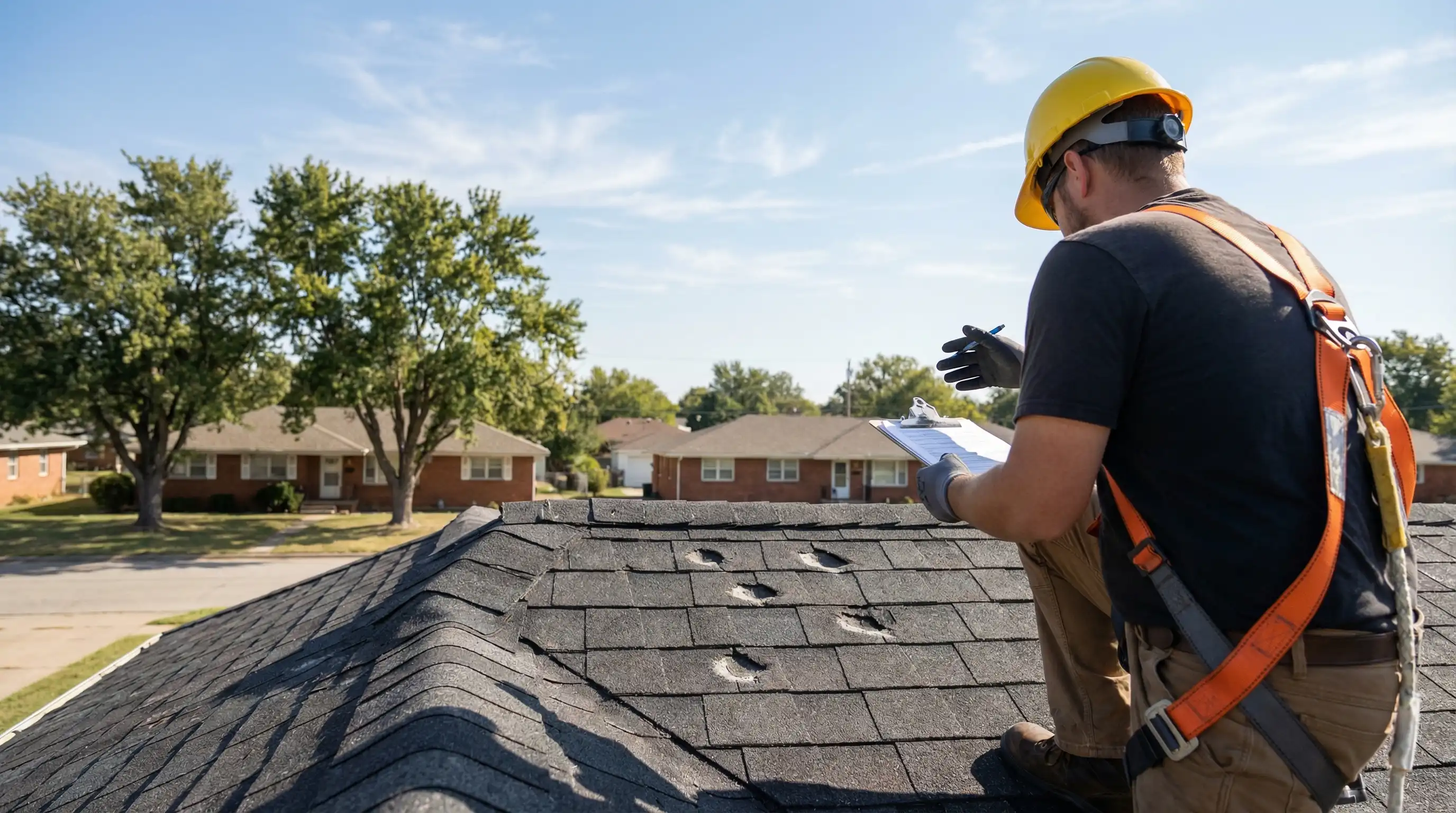 Roofing contractor inspecting hail damage on asphalt shingle roof at a residential home in Wichita, KS