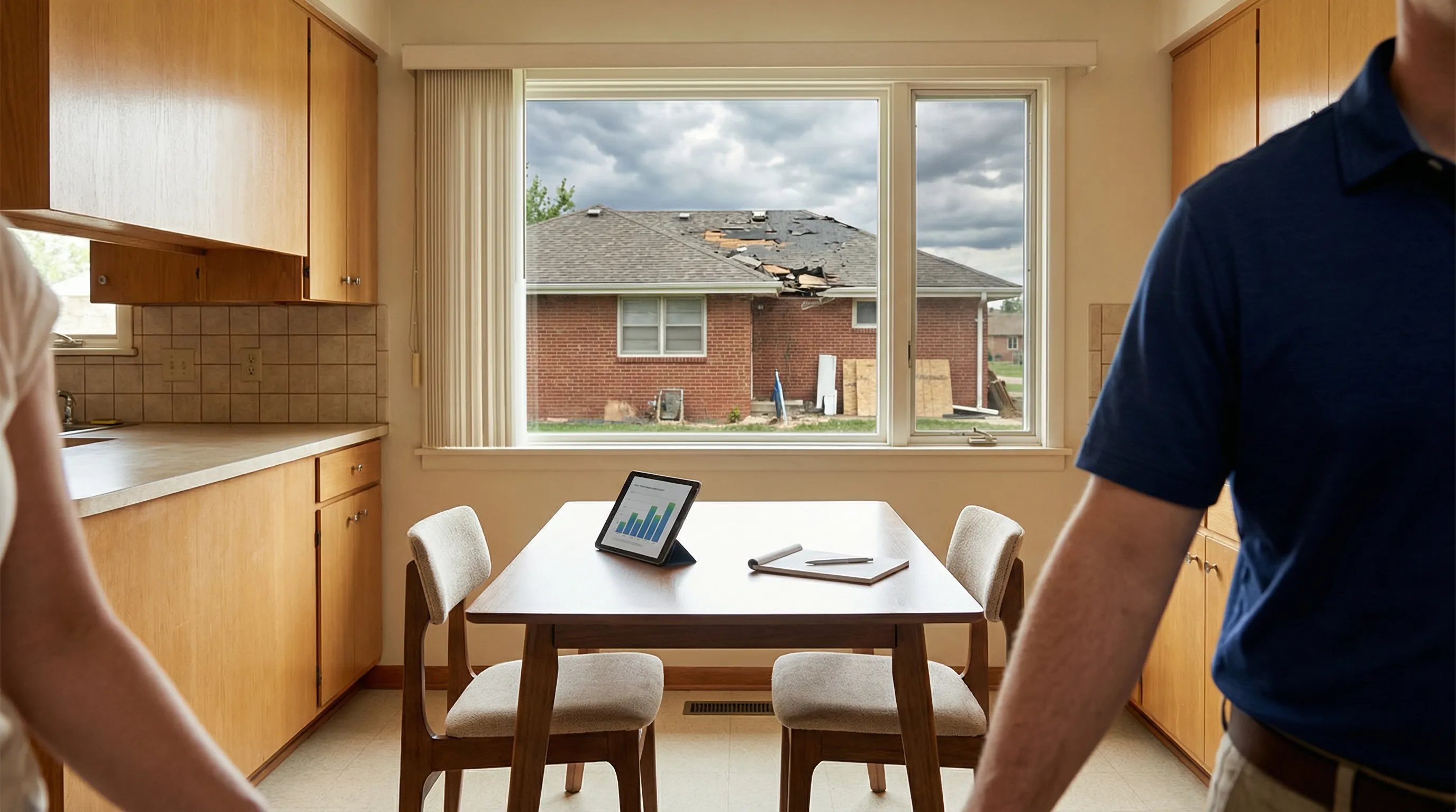 Roofing contractor inspecting hail damage on asphalt shingle roof at a residential home in Wichita, KS