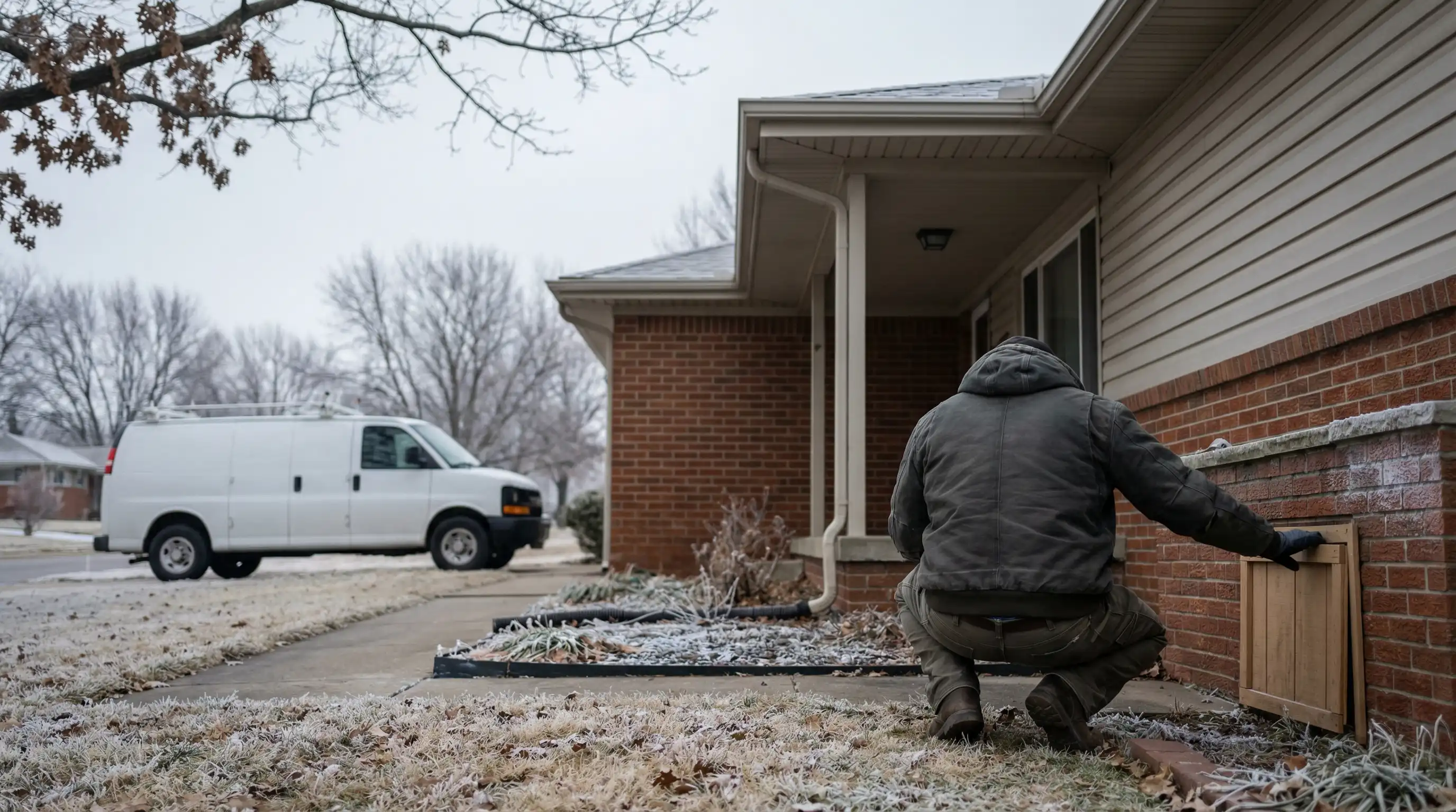 Plumber working on pipe repair in a crawl space of an older residential home in Wichita, KS