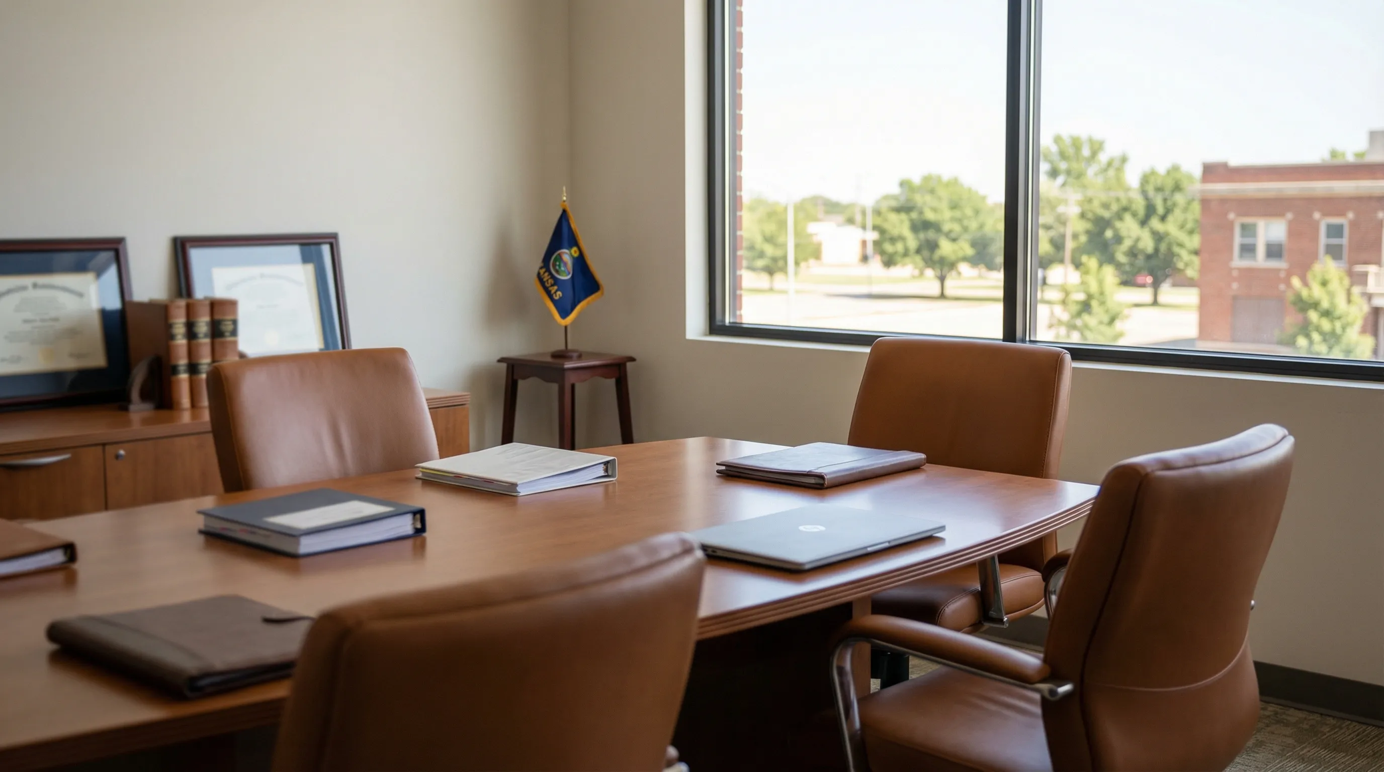 Professional attorney descending steps of a law office building on Douglas Avenue in downtown Wichita, KS