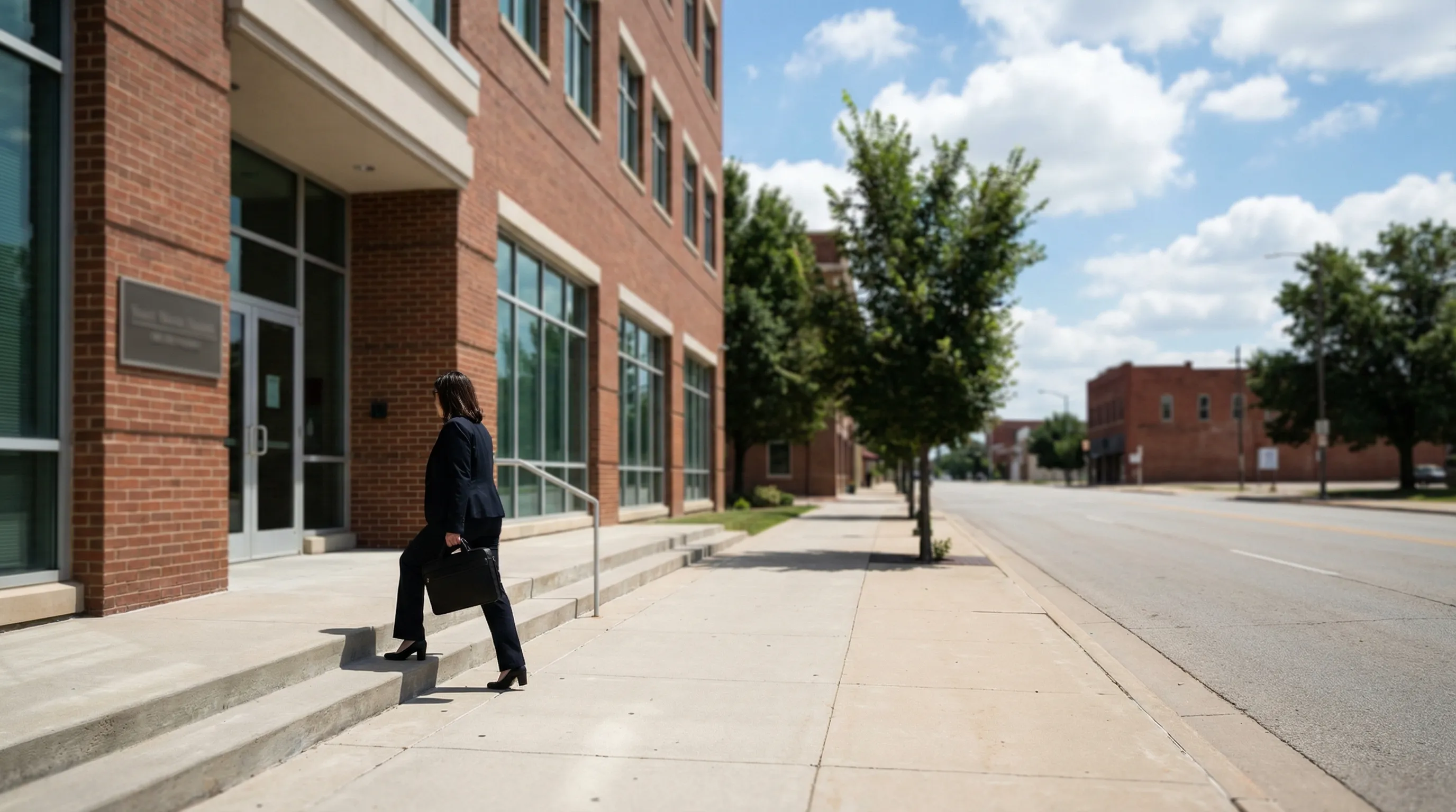 Professional attorney descending steps of a law office building on Douglas Avenue in downtown Wichita, KS