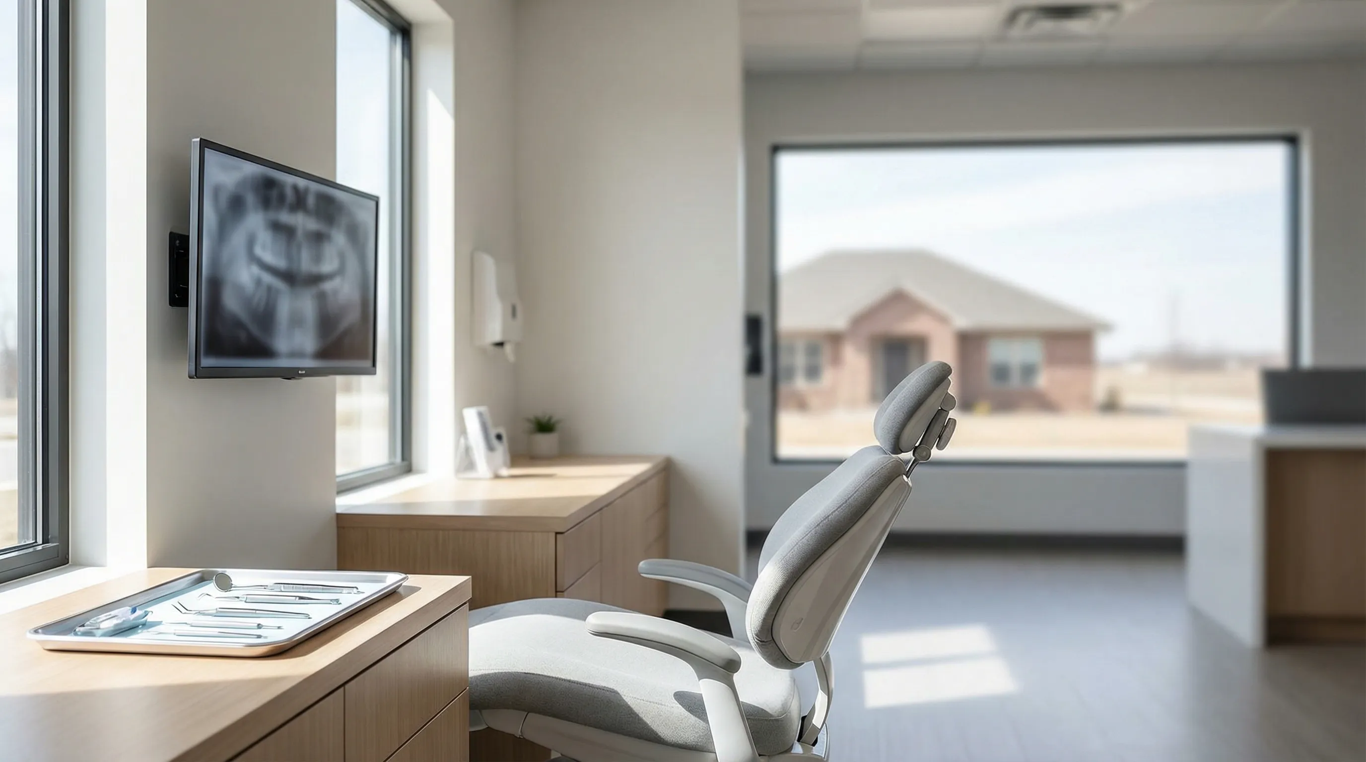 Interior dental operatory with hygienist reviewing X-rays beside a patient in a modern dental chair in Wichita, KS