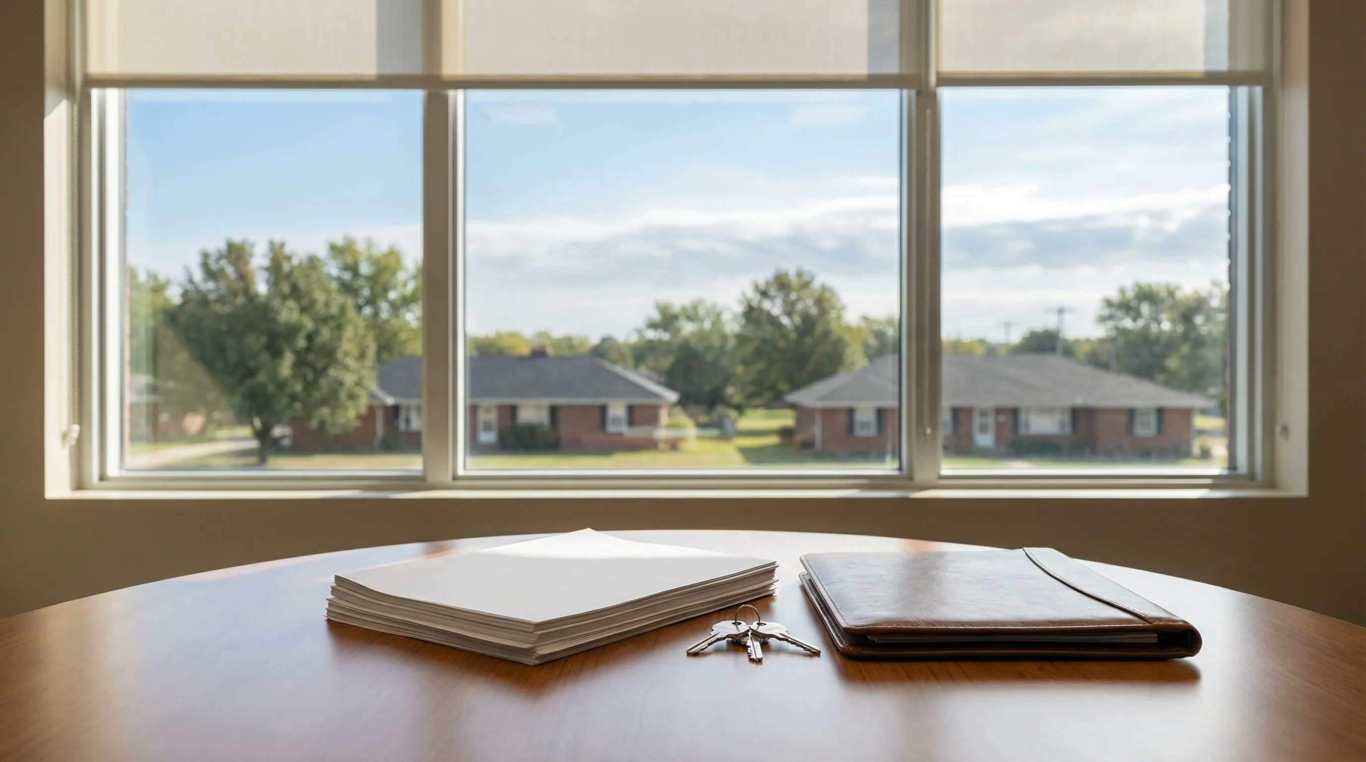 Real estate agent shaking hands with a couple at a home closing table with documents and keys visible in Wichita, KS