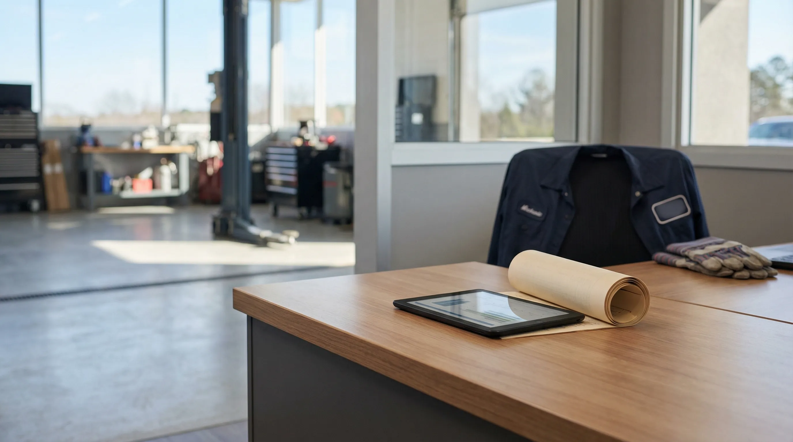 Auto technician in shop uniform explaining a repair diagnosis to a customer at a service counter in Wichita, KS