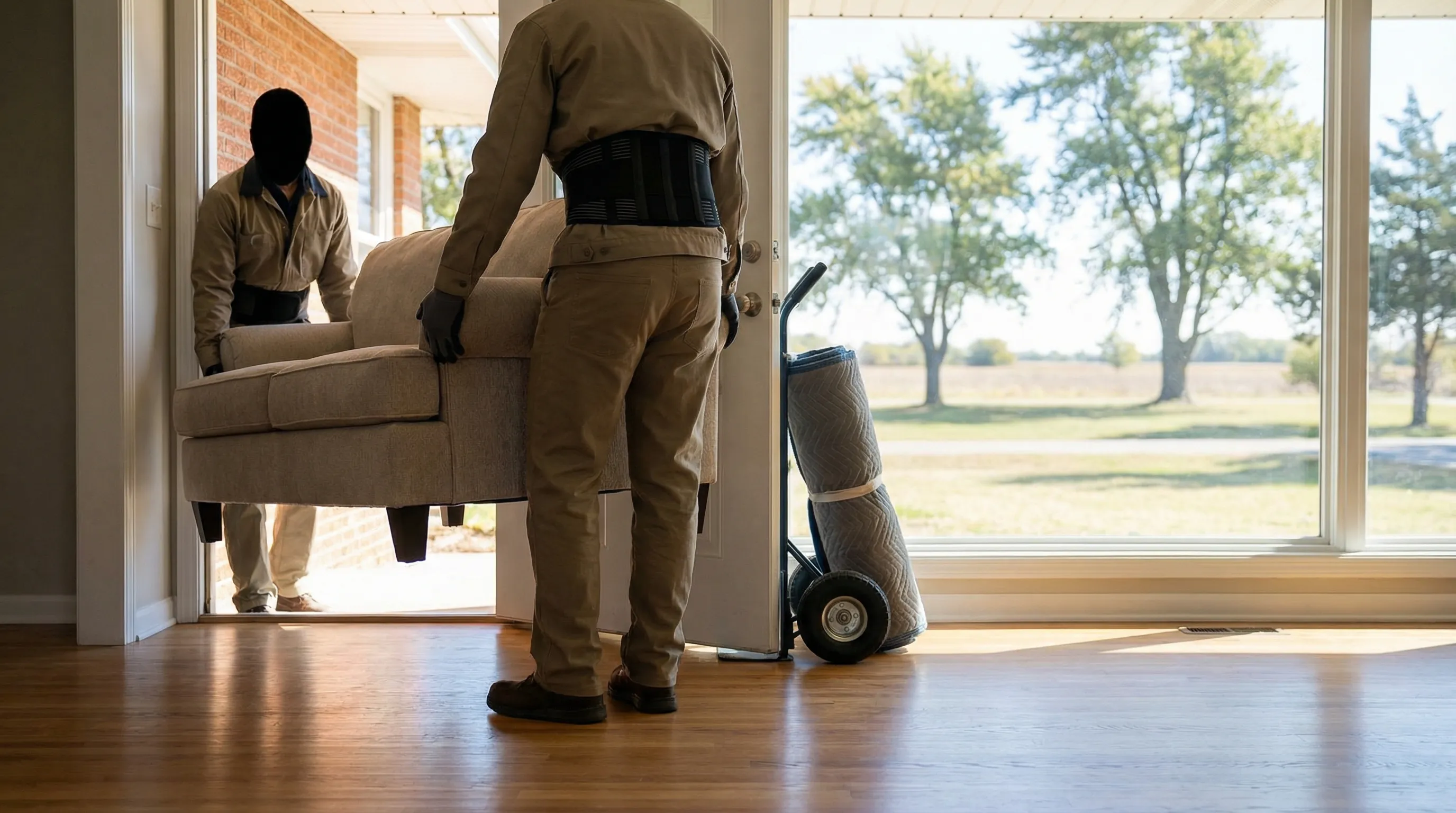 Two uniformed movers carefully carrying furniture through the front door of a suburban Wichita home with professional equipment visible