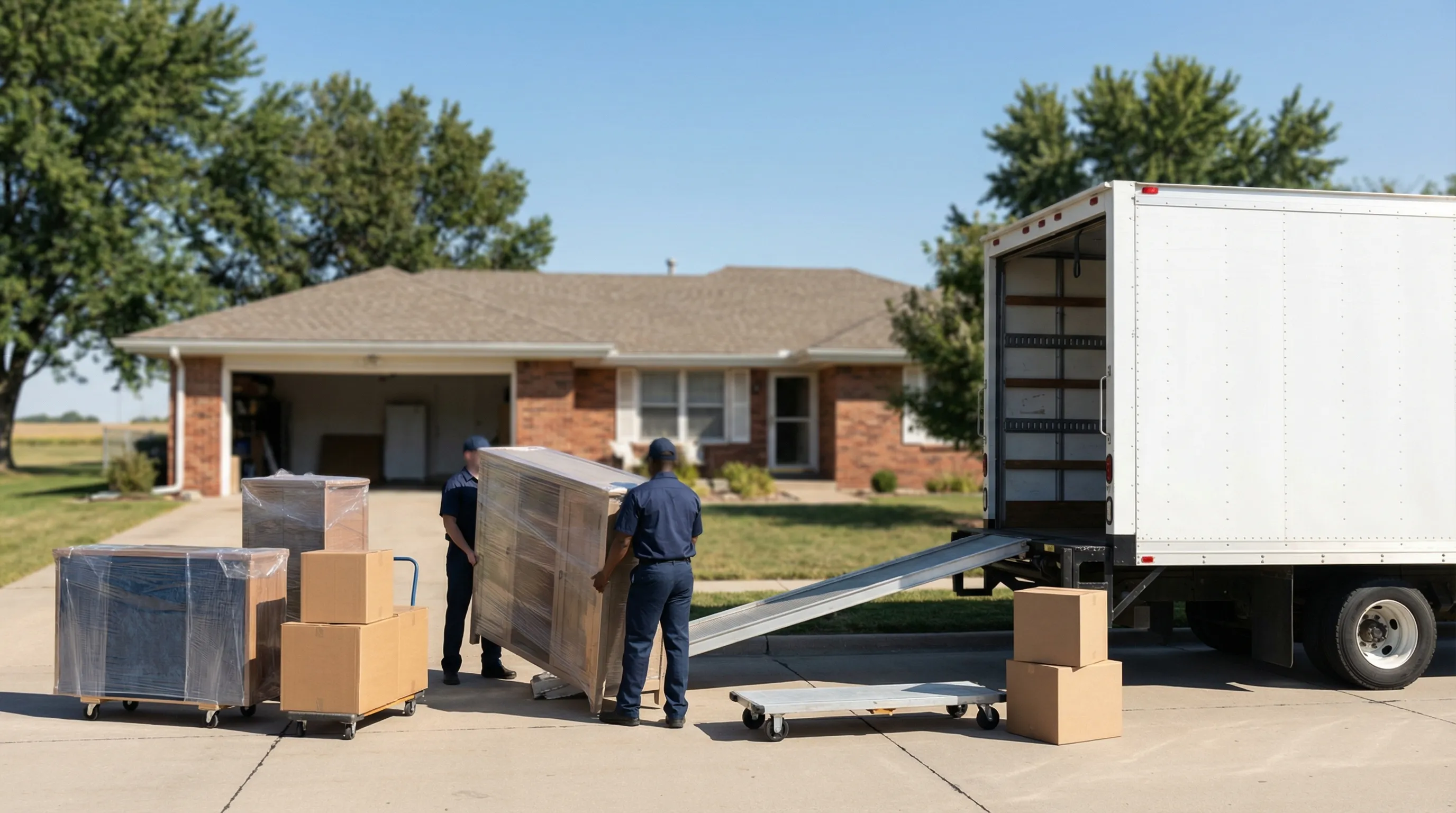 Two uniformed movers carefully carrying furniture through the front door of a suburban Wichita home with professional equipment visible