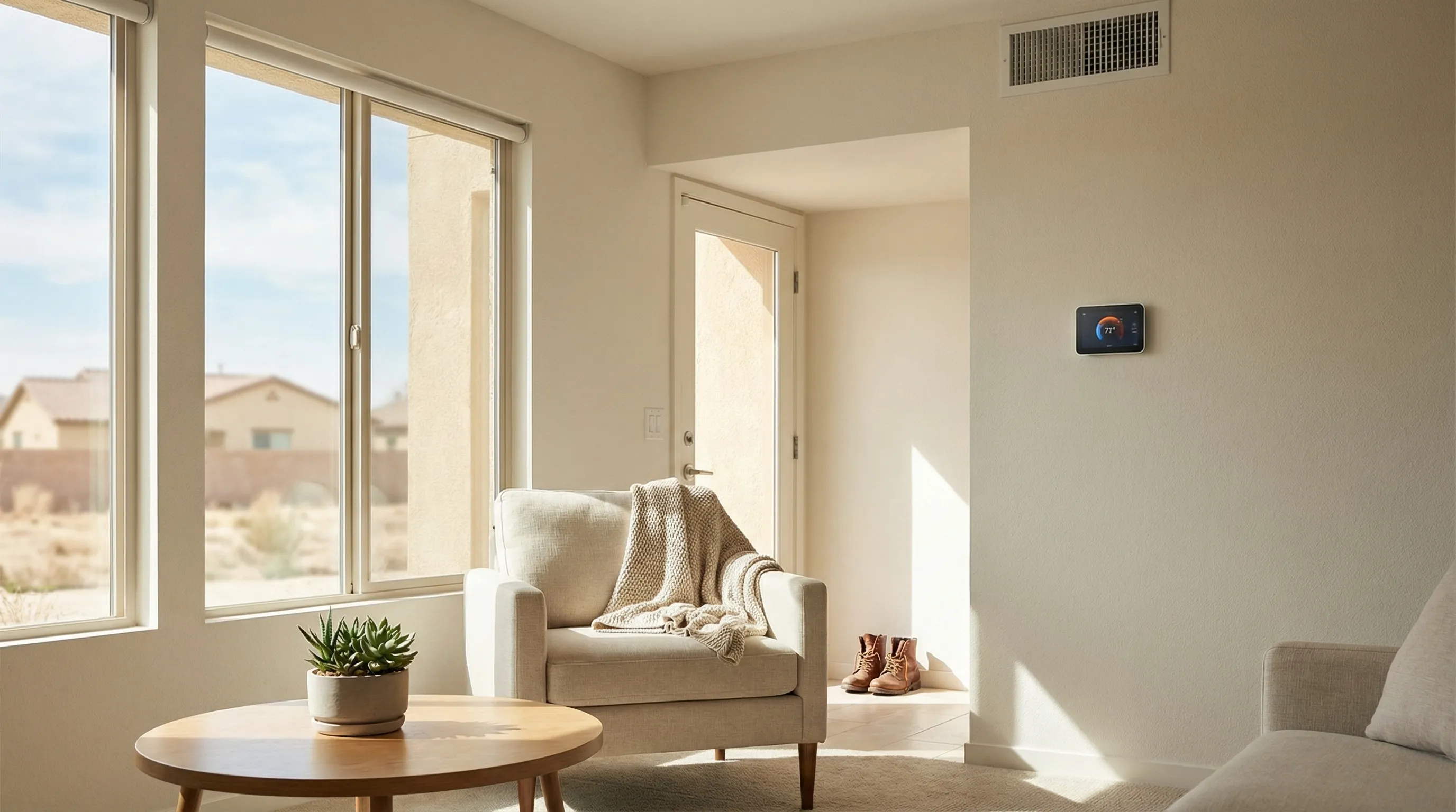 Professional HVAC technician servicing an outdoor AC condenser unit at a stucco ranch home in Stockton, CA under bright Central Valley summer sun
