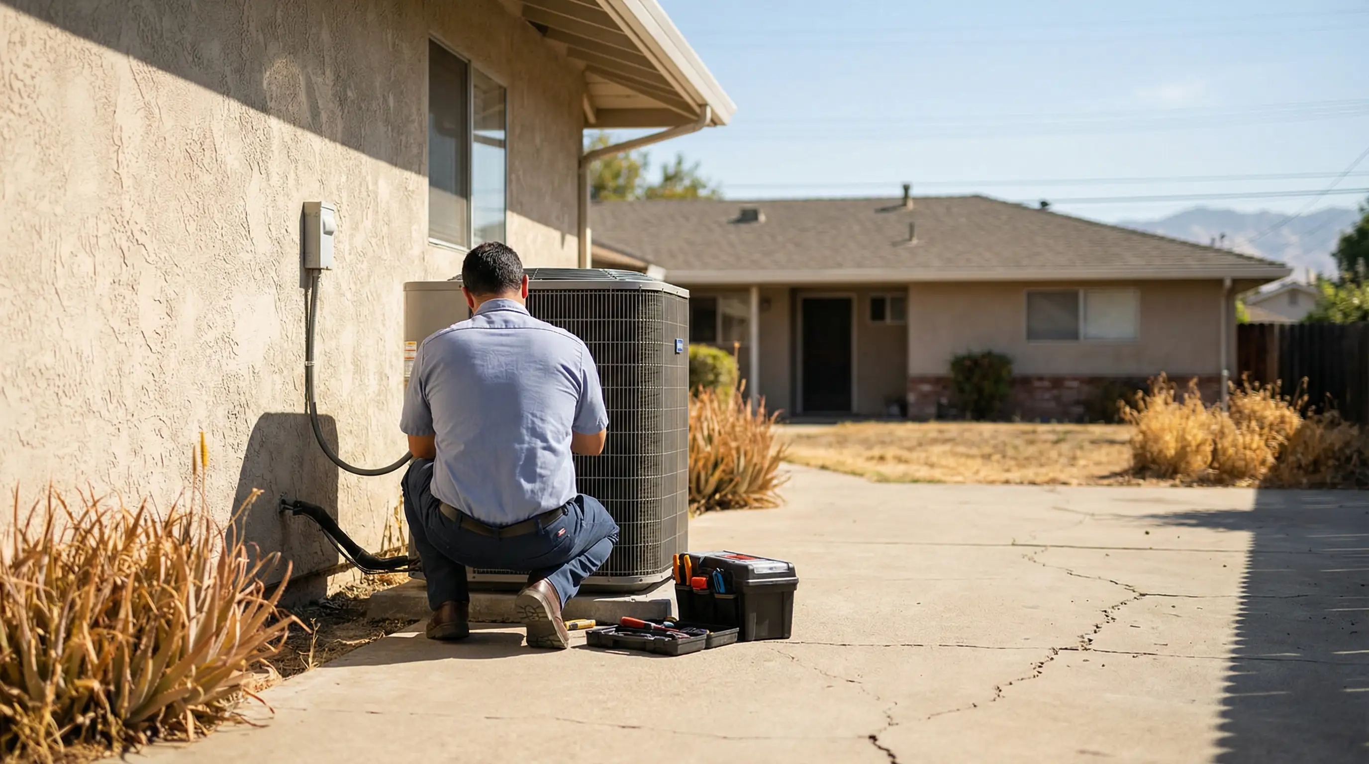 Professional HVAC technician servicing an outdoor AC condenser unit at a stucco ranch home in Stockton, CA under bright Central Valley summer sun