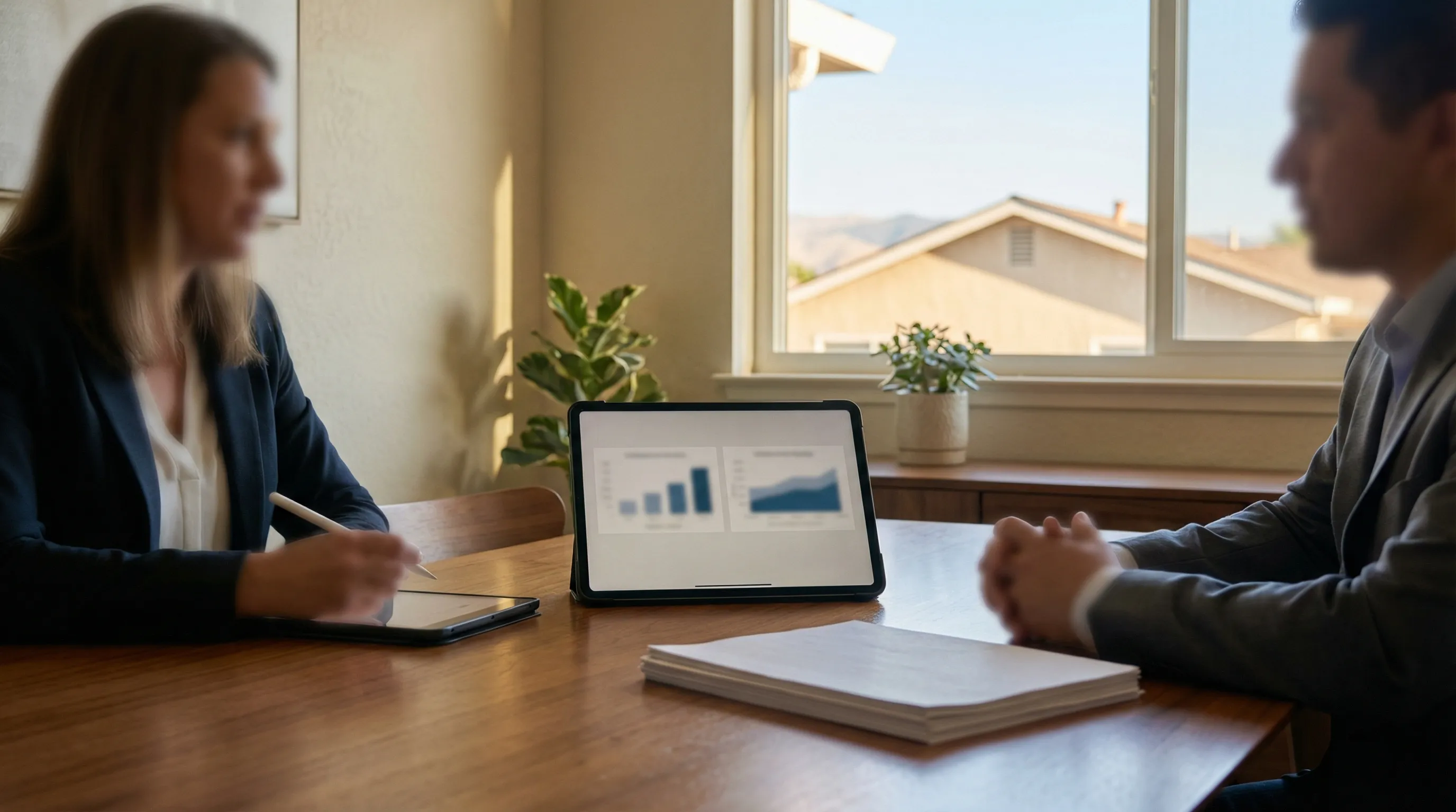Aerial view of a Central Valley ranch home with solar panel array on roof, clear California sky, agricultural landscape in background, Stockton, CA