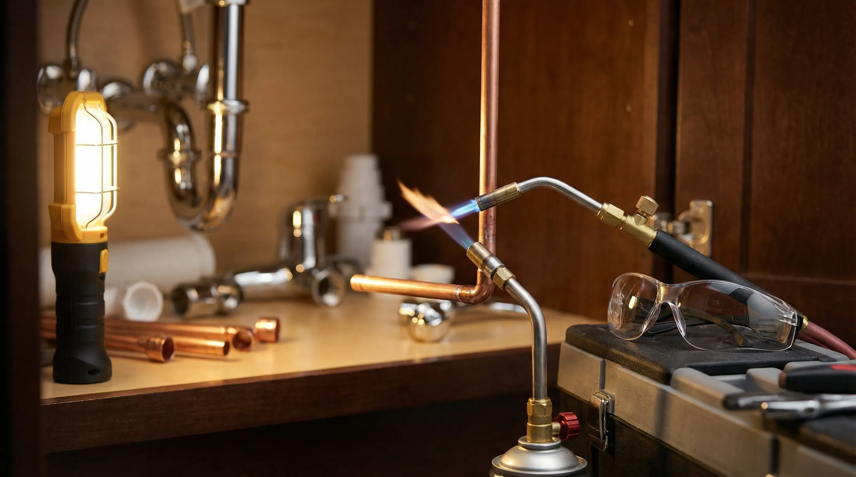 Professional plumber in branded uniform standing at front door of a stucco ranch home in Stockton, CA with tool bag, midday California light