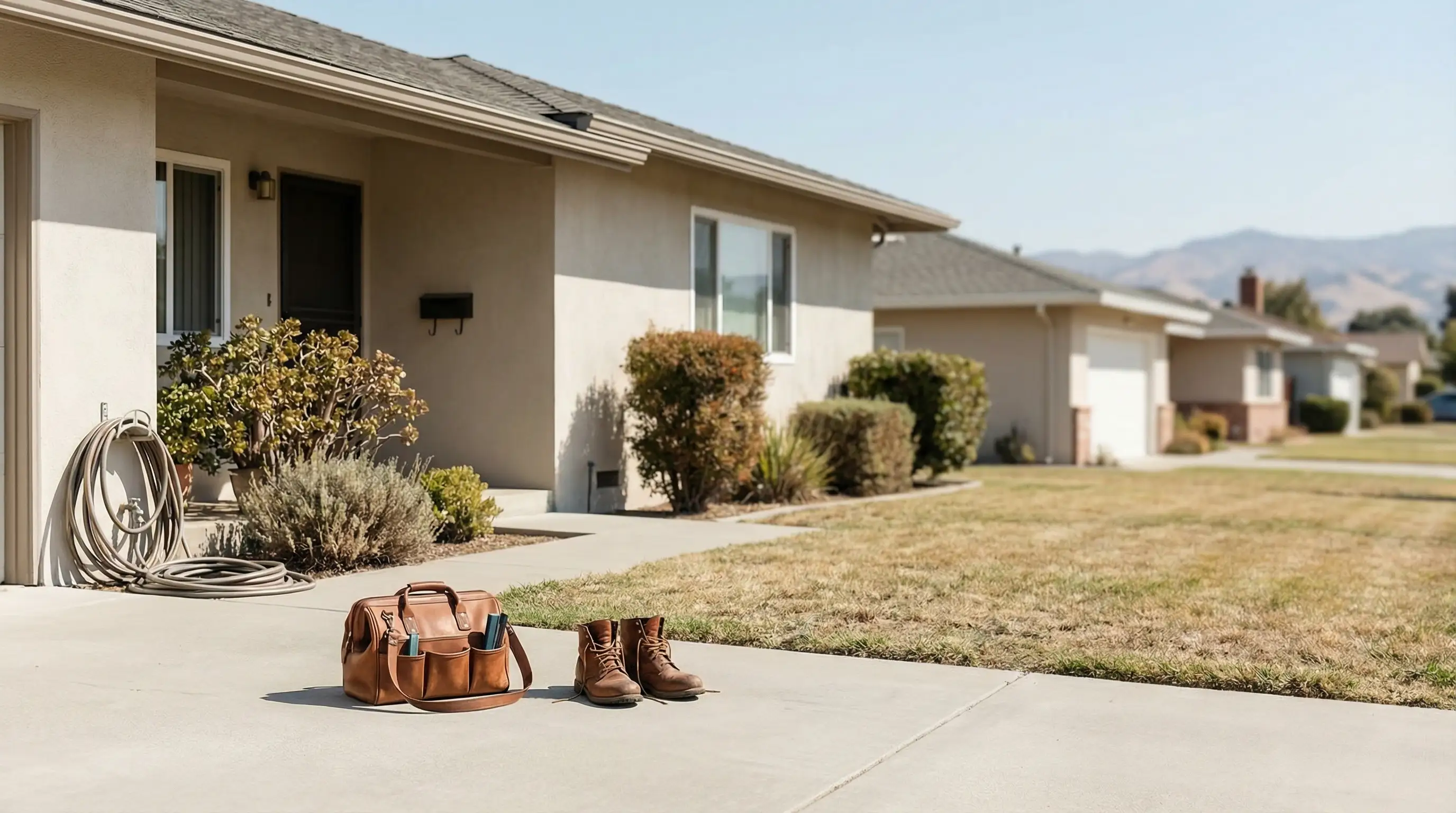 Professional plumber in branded uniform standing at front door of a stucco ranch home in Stockton, CA with tool bag, midday California light