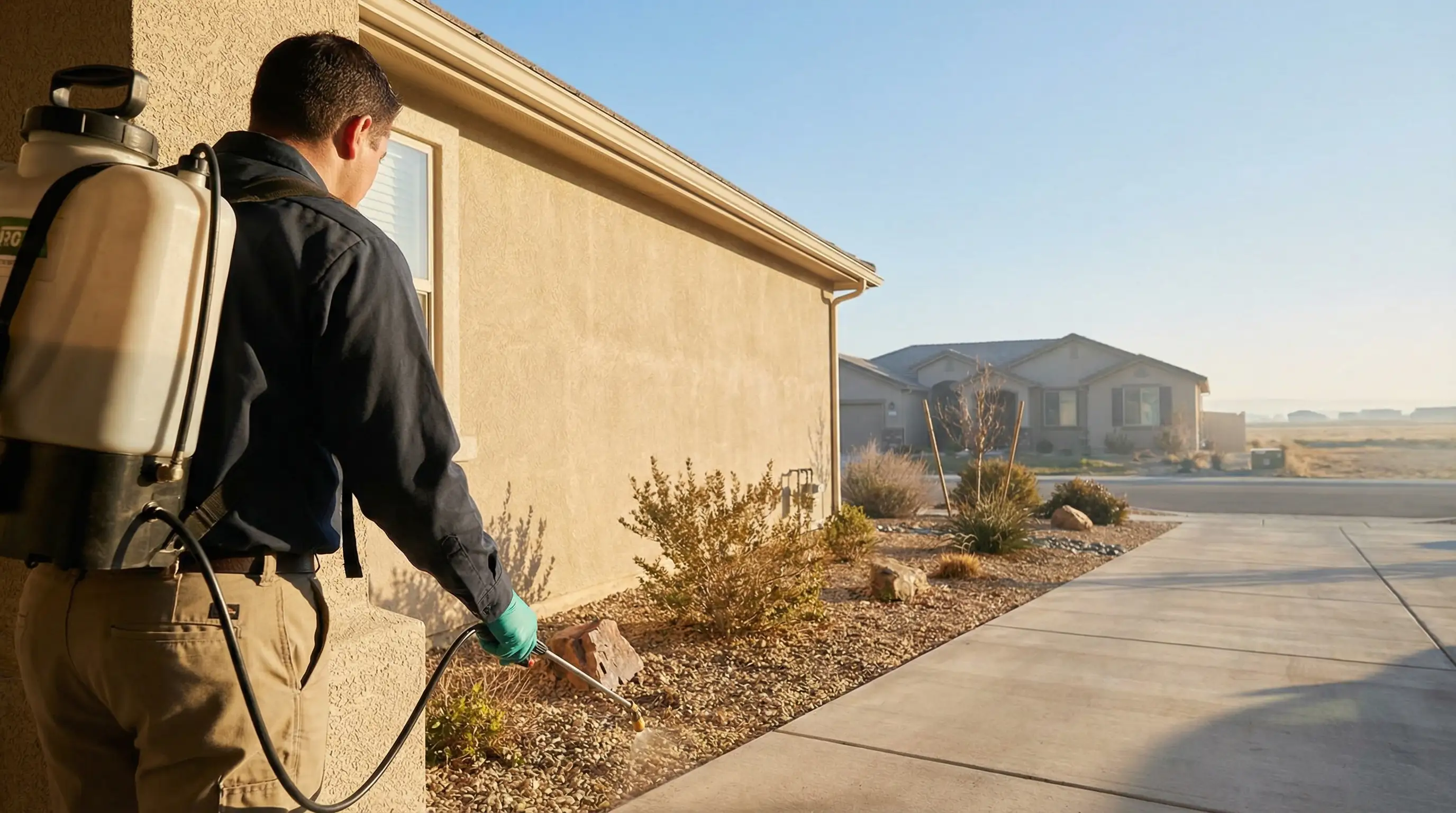 Uniformed pest control technician completing perimeter treatment at a stucco residential home in Stockton, CA with backpack sprayer, clear California afternoon sky