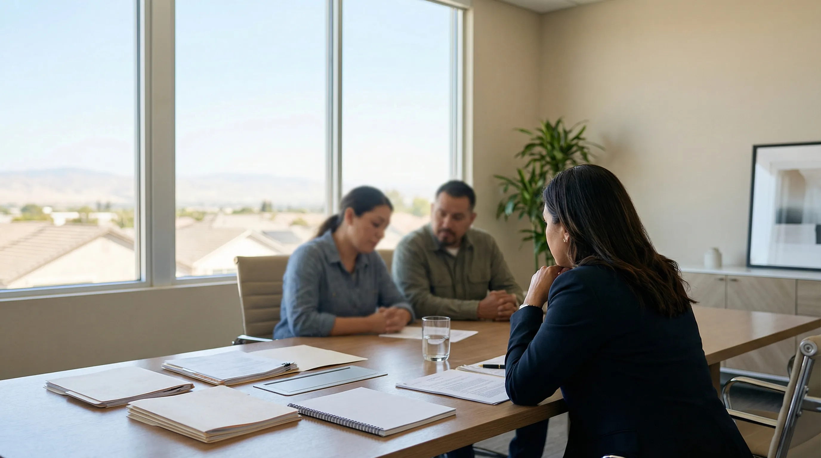 Professional attorney in business attire standing outside a modern downtown Stockton CA office building, clear California sky, palm trees, confident and approachable expression