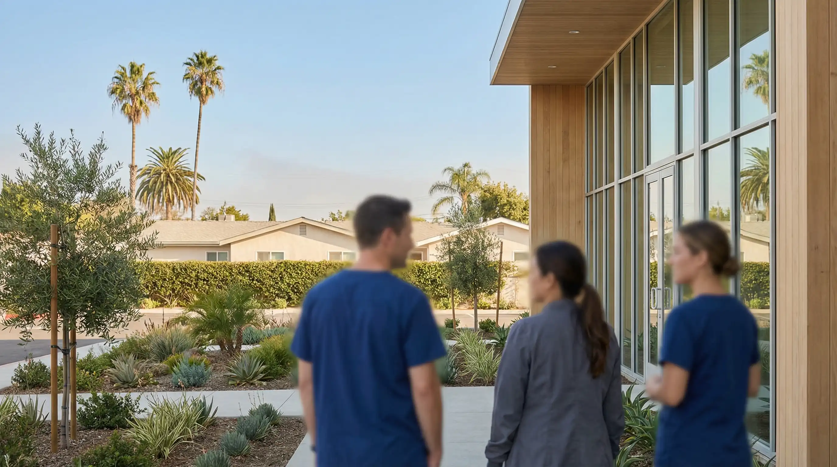 Dentist in scrubs and hygienist standing outside a modern clean dental office in a Stockton CA suburban strip center with bright signage, California blue sky, and palm trees in background