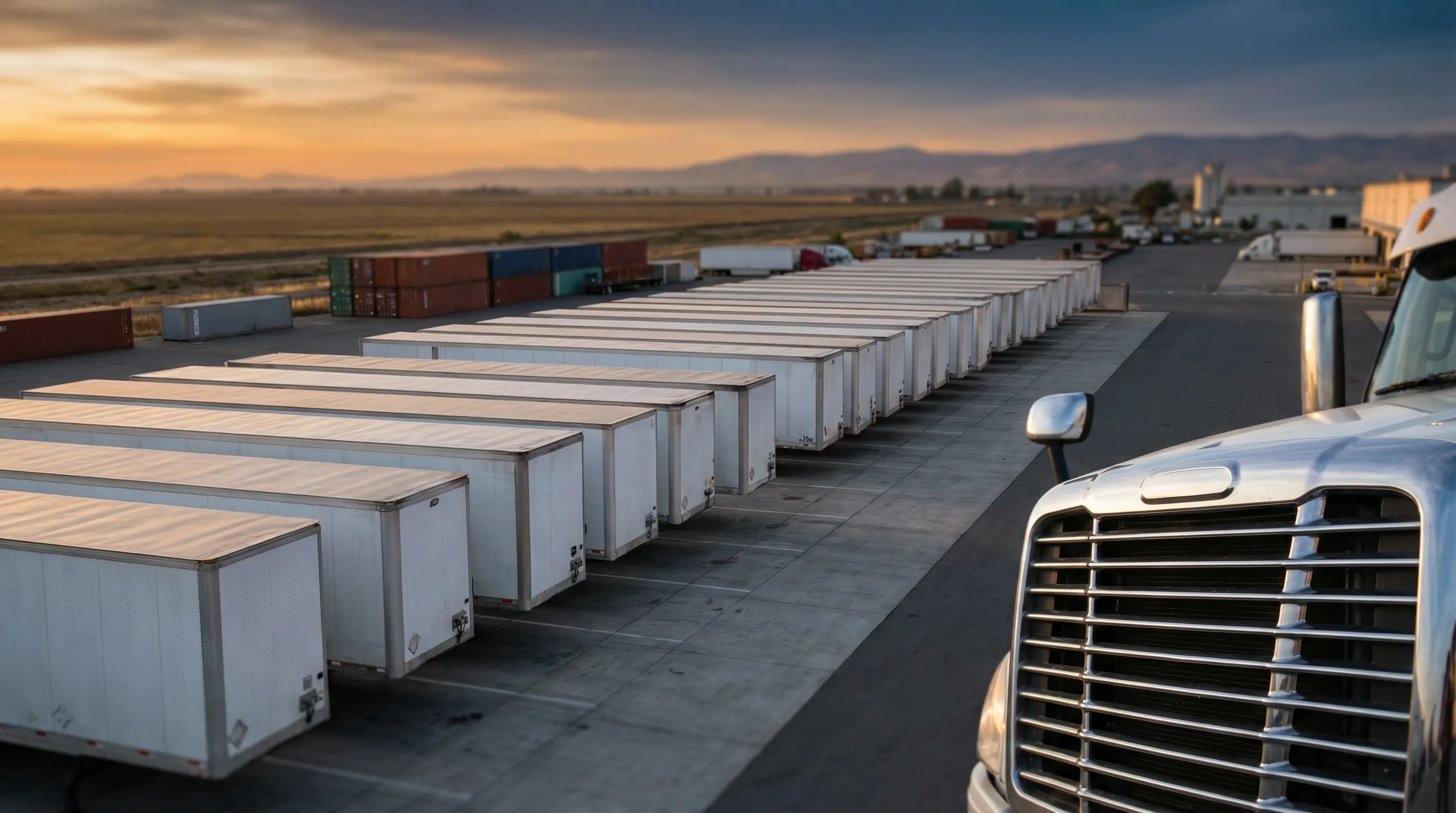 Wide exterior shot of a Stockton CA freight yard at golden hour with rows of semi-trucks at loading dock, San Joaquin River delta landscape in background, driver in work clothes reviewing manifest on tablet