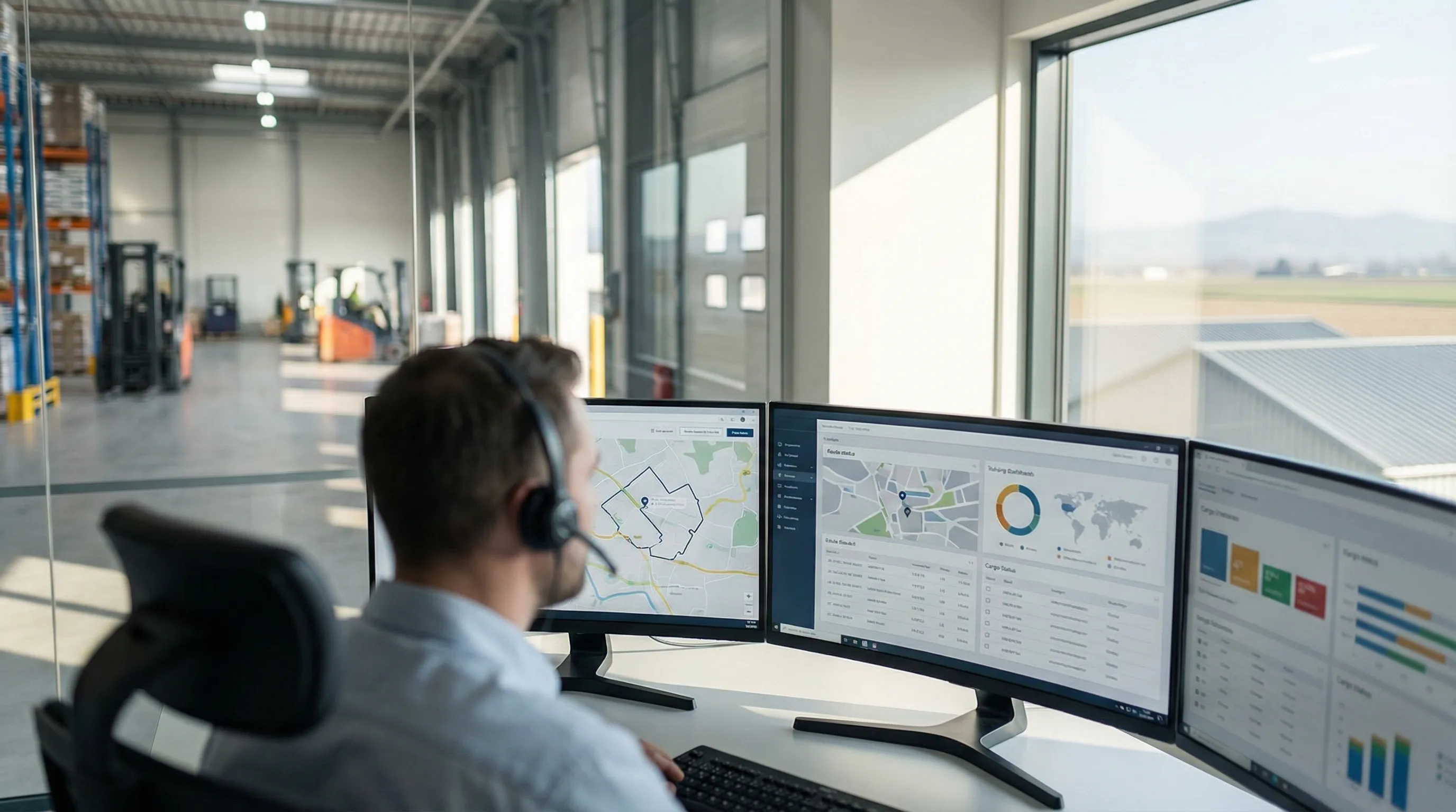 Wide exterior shot of a Stockton CA freight yard at golden hour with rows of semi-trucks at loading dock, San Joaquin River delta landscape in background, driver in work clothes reviewing manifest on tablet