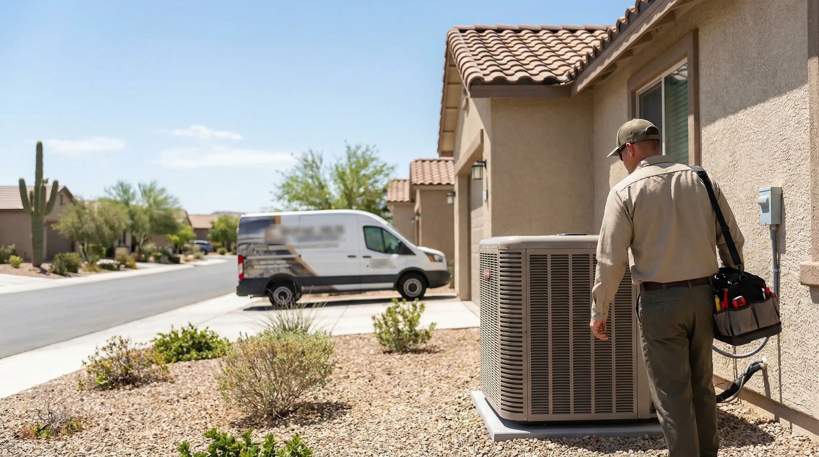 Professional HVAC technician servicing a residential AC condenser unit in Henderson, NV with desert landscape background