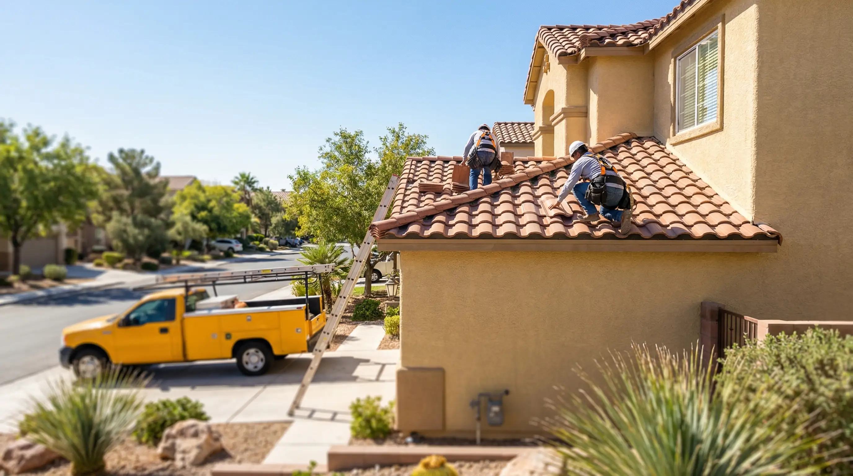 Professional roofer installing clay tile roofing on a Henderson NV home with desert landscape and blue sky background
