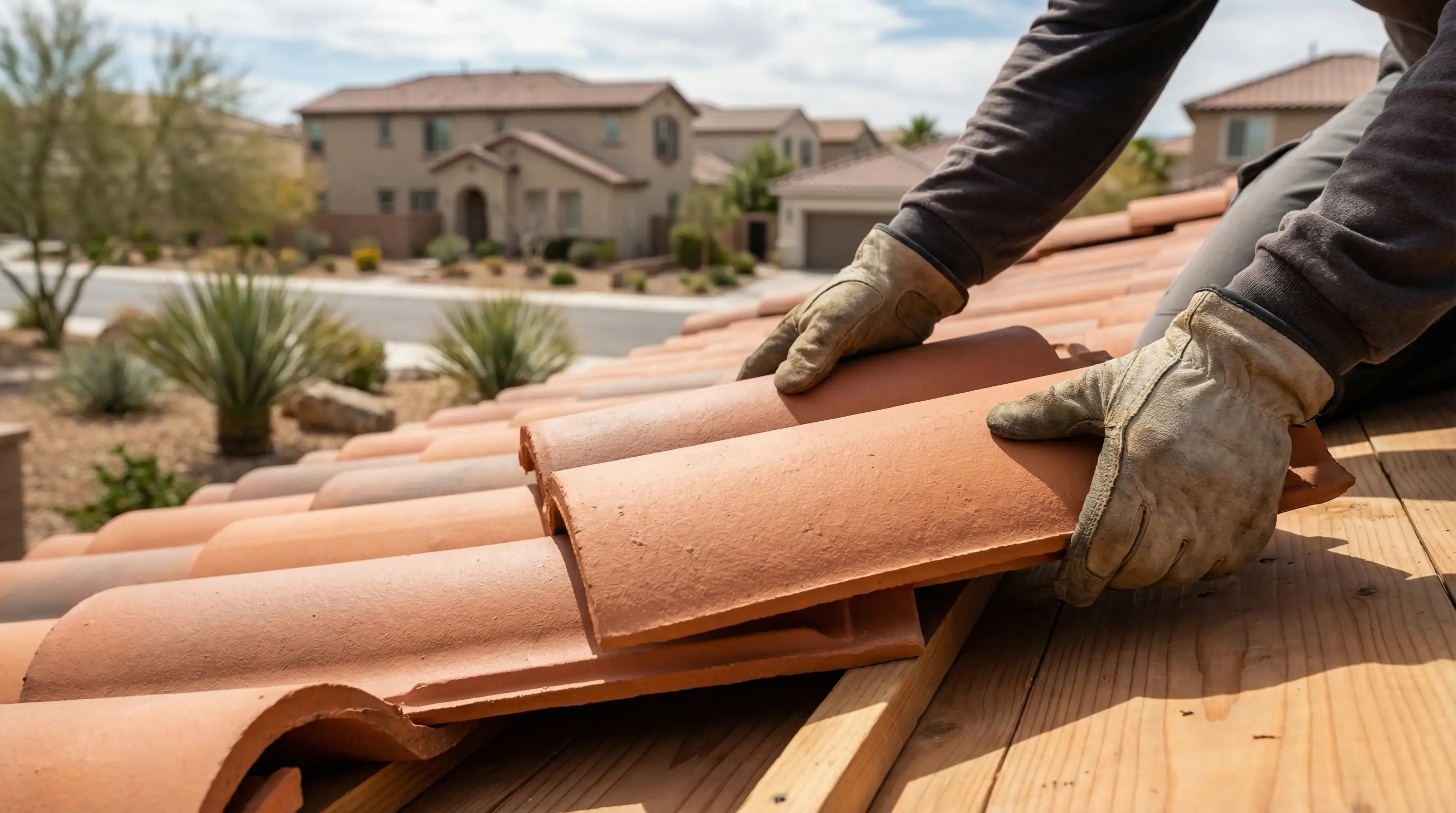 Professional roofer installing clay tile roofing on a Henderson NV home with desert landscape and blue sky background