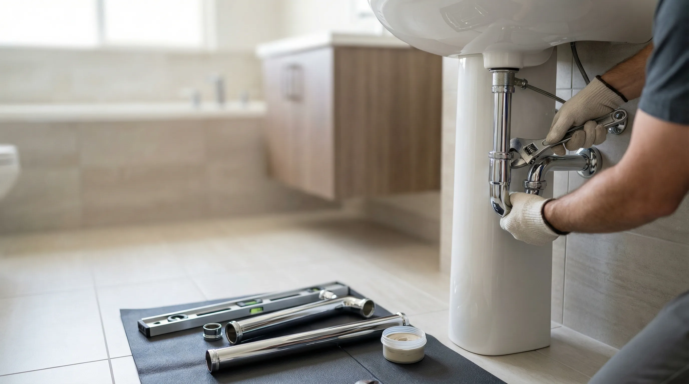 Licensed plumber connecting pipes under a sink in a modern Henderson NV home with professional tools visible