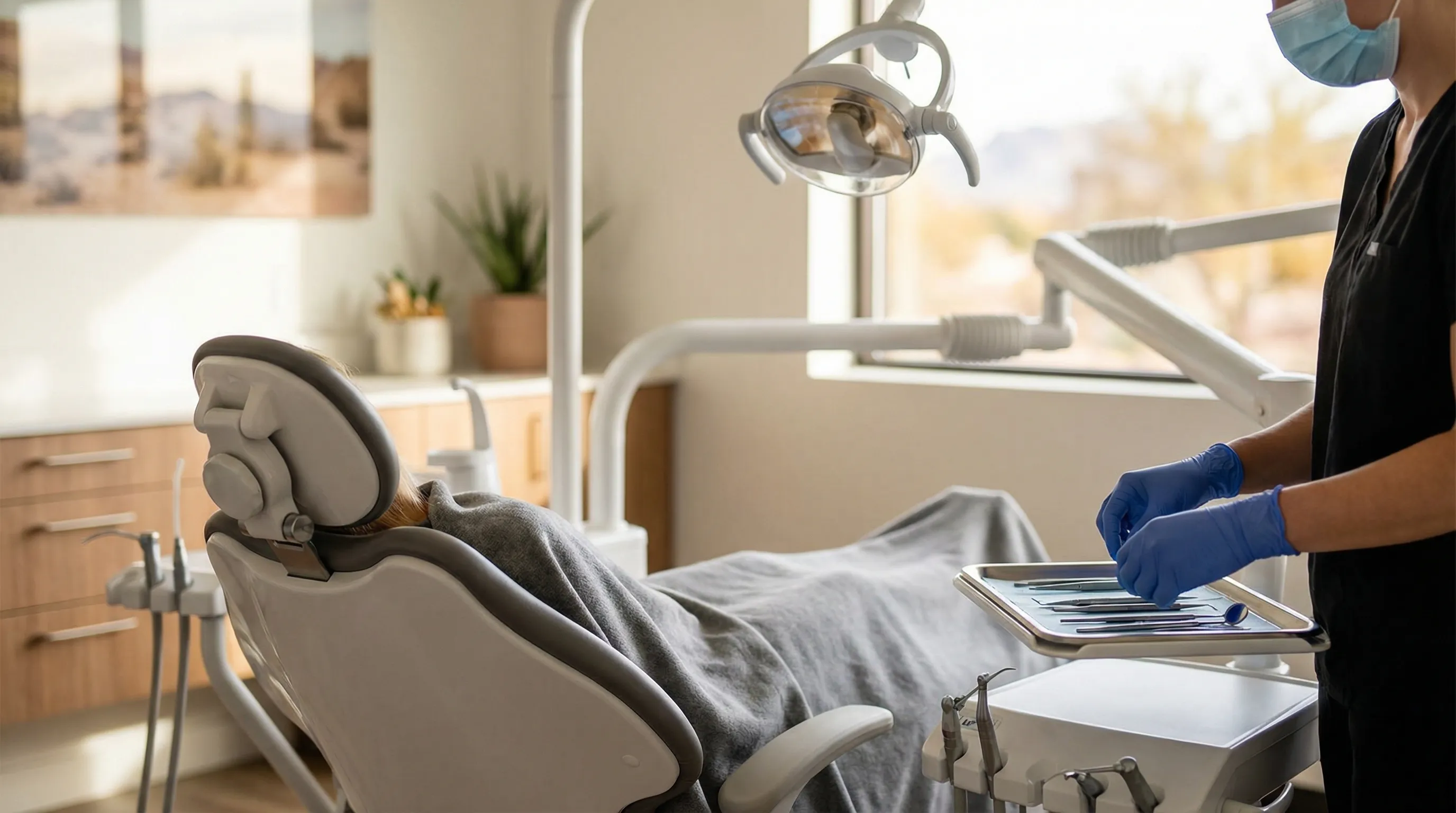 Modern dental office interior with dentist and patient in Henderson NV, professional equipment and clean clinical environment