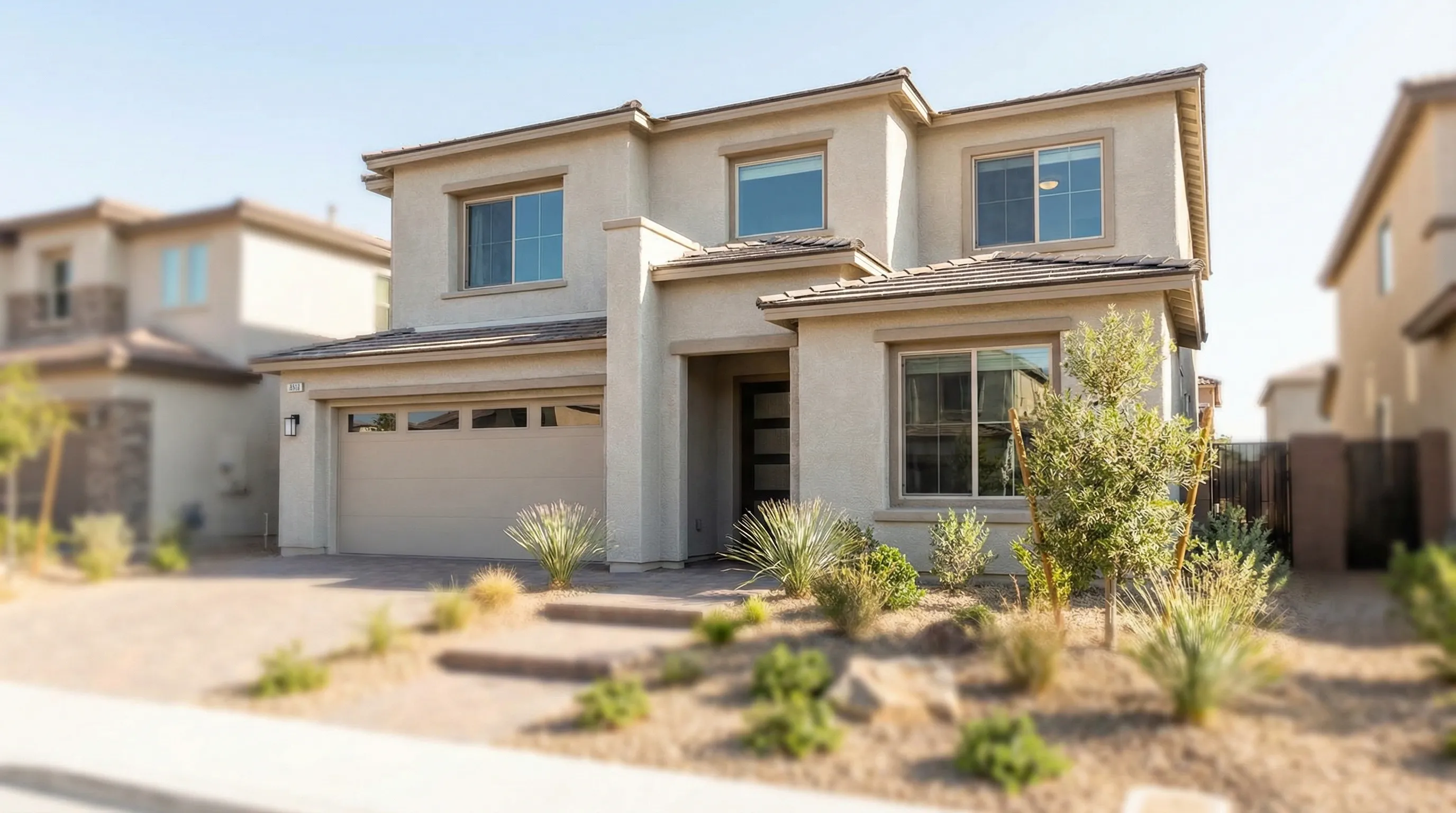 Real estate agent showing a modern master-planned home exterior to a couple in Henderson, NV