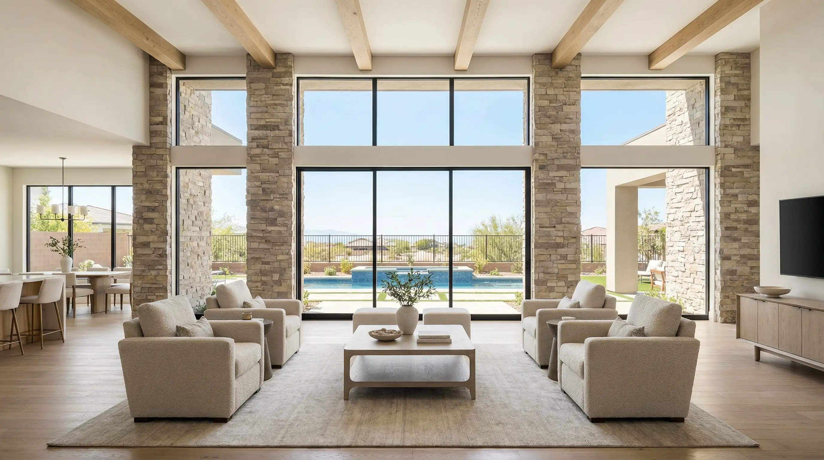 Real estate agent showing a modern master-planned home exterior to a couple in Henderson, NV