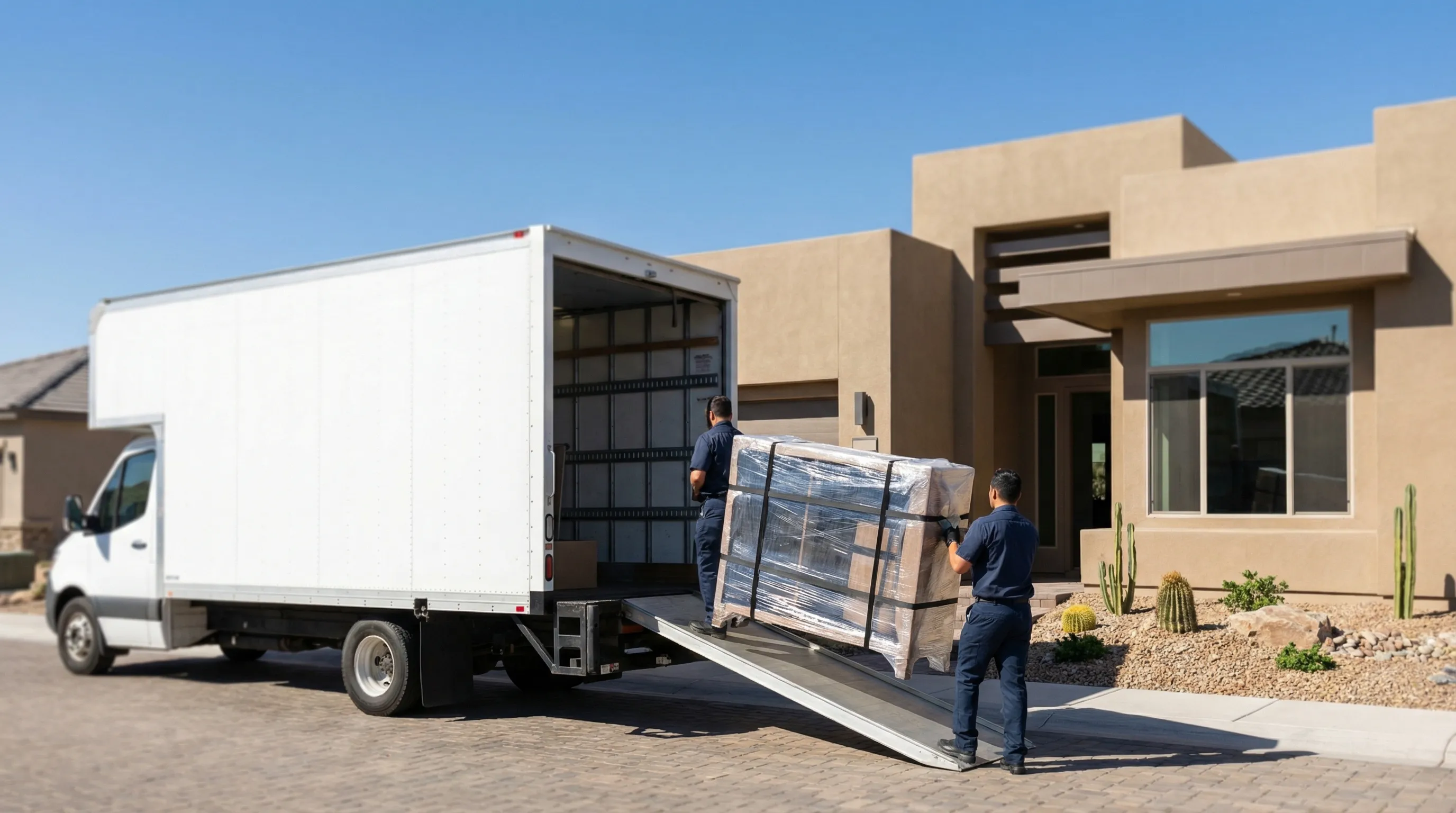 Professional moving company truck and uniformed movers loading furniture from a Henderson master-planned home, NV